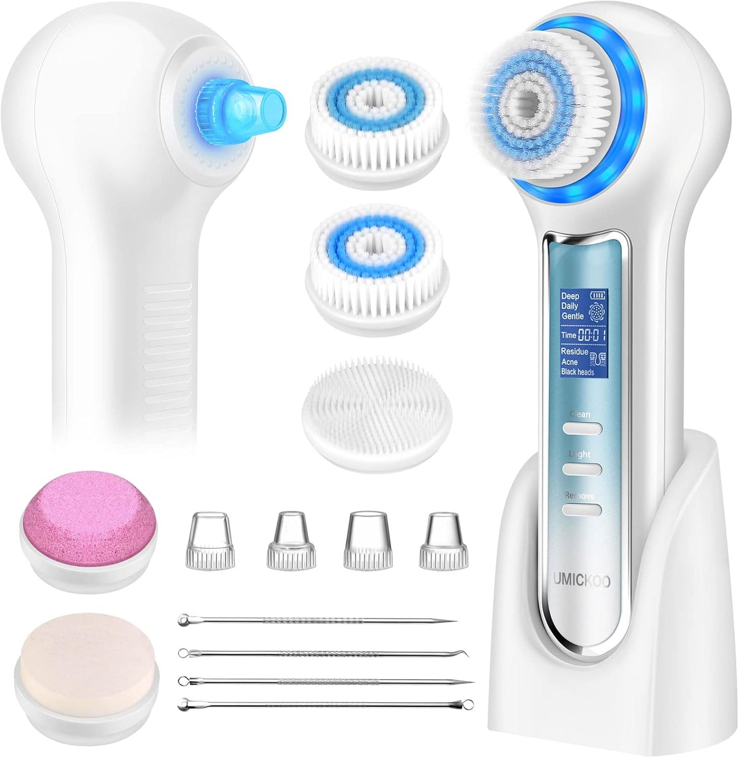 Face Scrubber Exfoliator,Facial Cleansing Brush Waterproof with LCD Screen,Blackhead Remover Vacuum with 5 Brush Heads,Face Spin Brush for Exfoliating (White-Blue)