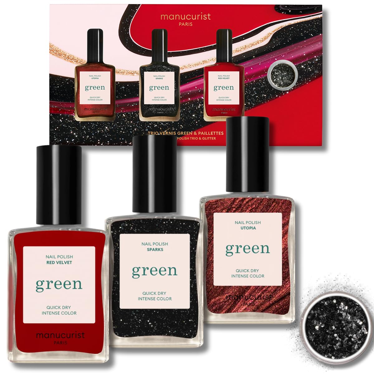 Manucurist Green Gift Set - 3 Vegan Nail Polish With Biodegradable Glitter - Black, Brown, Red Kit - Christmas Gifts for Women - Secret Santa - Holiday Gel Gift Box - Christmas Presents