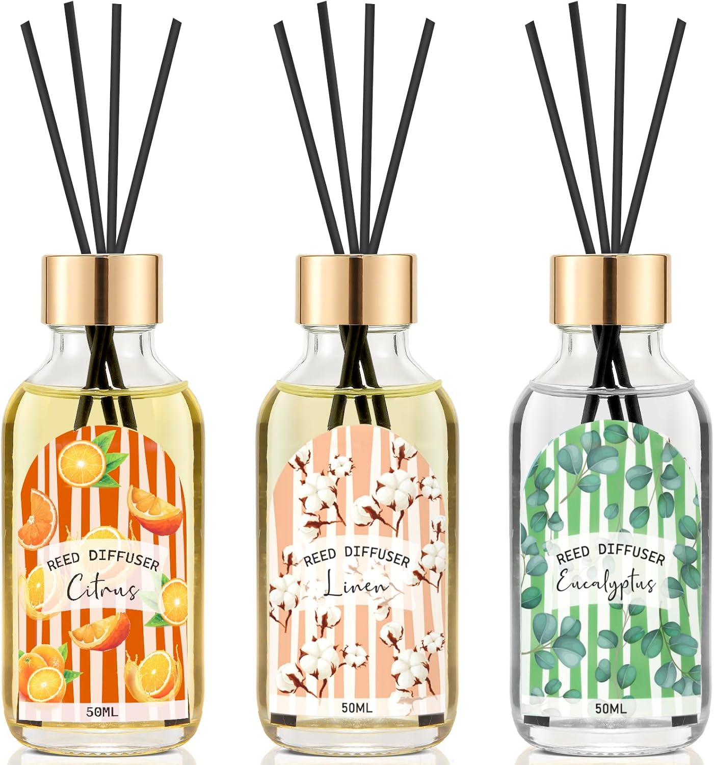 3 Pack Reed Diffuser Set, Linen Eucalyptus Citrus Scented Oil Reed Diffusers for Home, Bathroom, Office Decor, Aromatherapy Diffuser with 15 Sticks, 1.7 Fl. Oz Each, Total 5.1 Fl. Oz