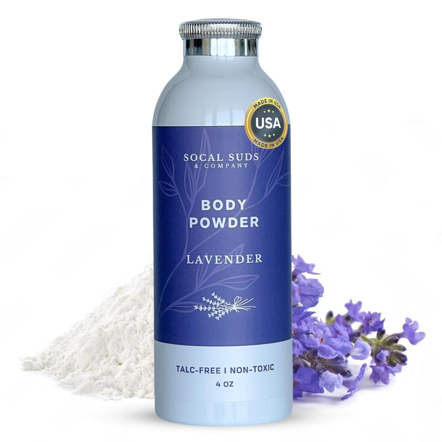 SoCal Suds & Company - Natural Body Powder Talc-Free with Arrowroot Powder, Kaolin, Aspen Bark Extract for Soft Soothing Delicate Skin - Lavender 4oz, 1-Pack