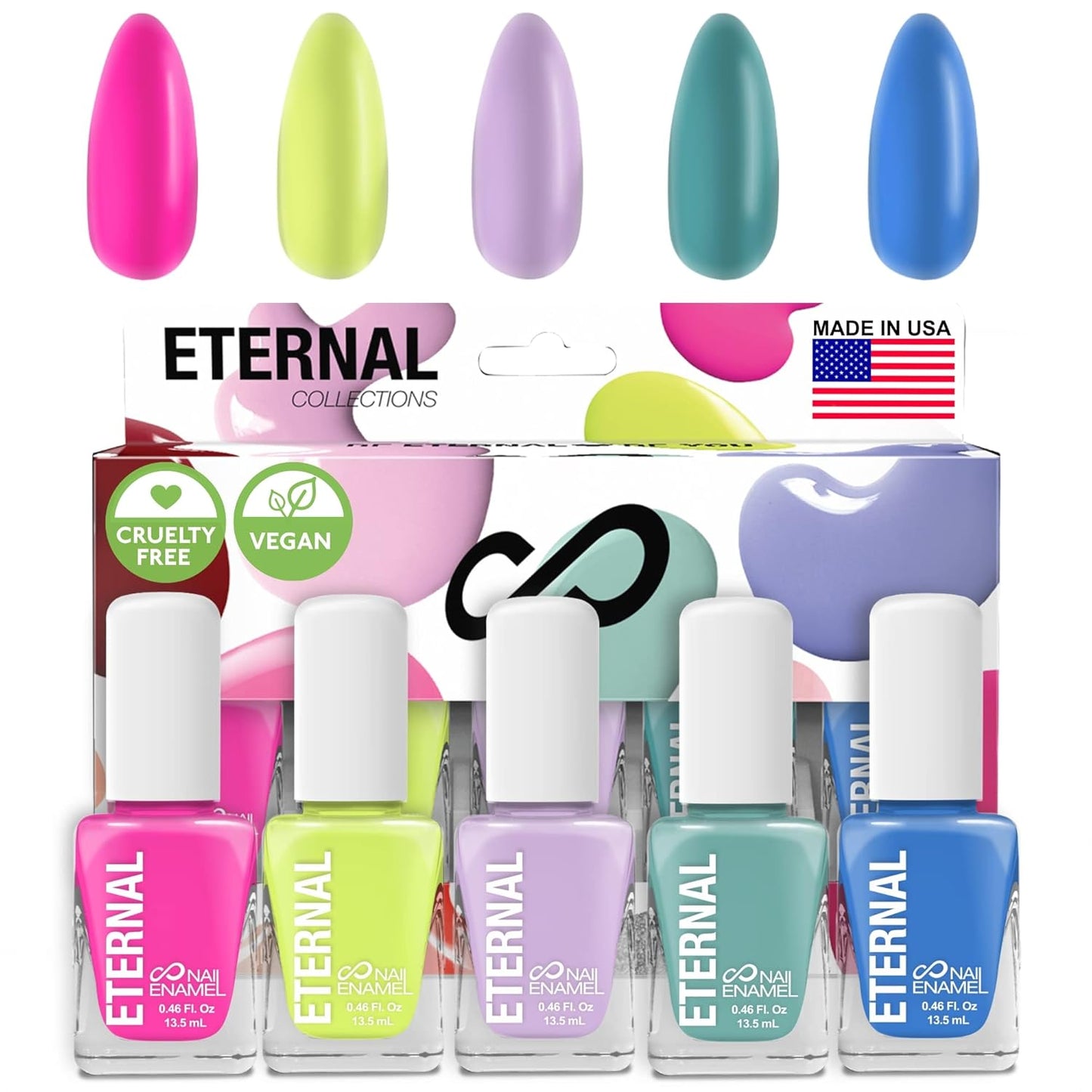 Eternal Pink Nail Polish Set for Women (FUN) - Green Nail Polish Set for Girls - Long Lasting & Quick Dry Blue Nail Polish Kit for Home DIY Manicure & Pedicure - Made in USA, 13.5mL (Set of 5)