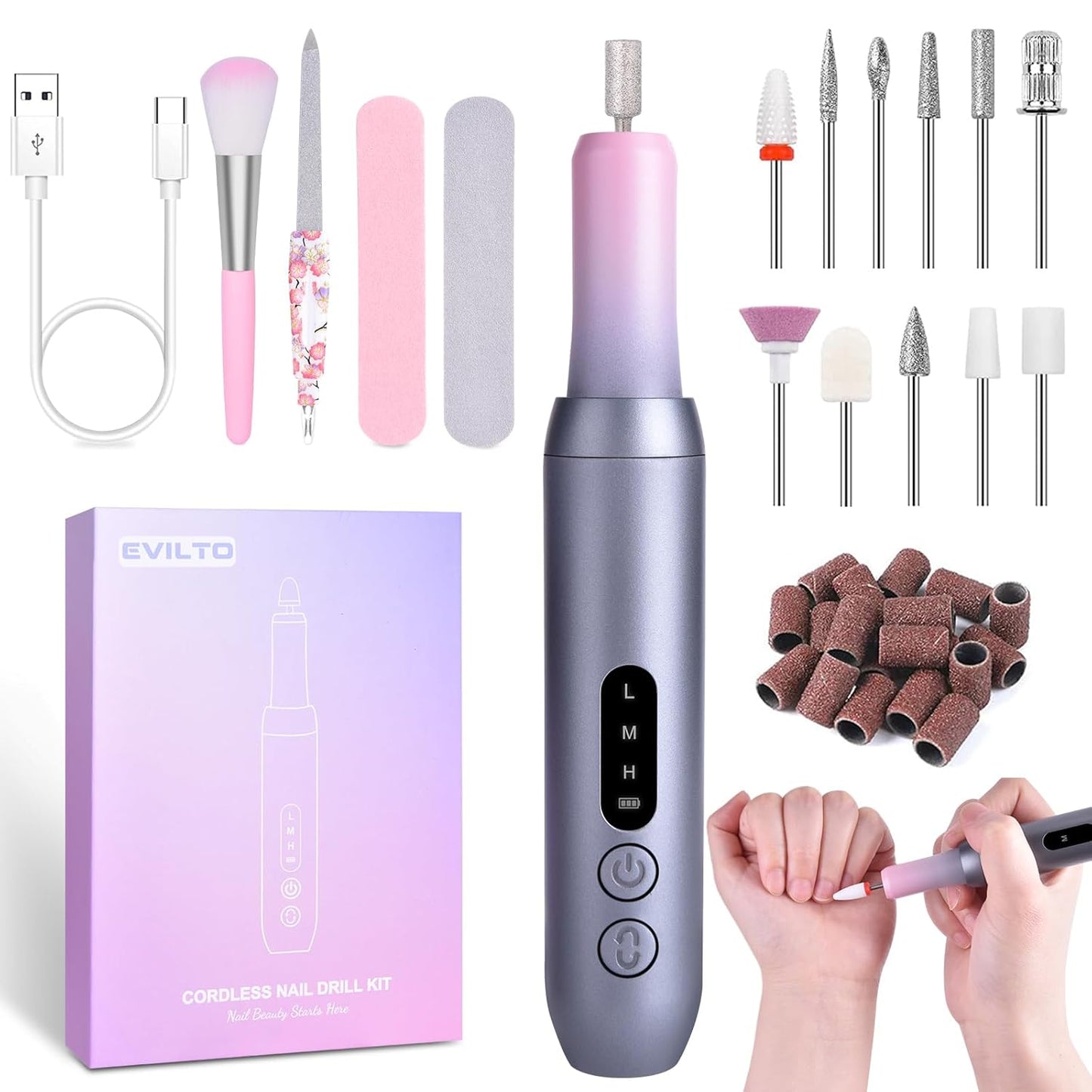 Electric Nail Files Cordless, Professional Nail Drill LCD Display with 12 Bits 30000RPM Rechargeable Manicure Pedicure EFile for Gel Nail Polish Acrylic Nails Thick Toenails Removal, Grey Pink