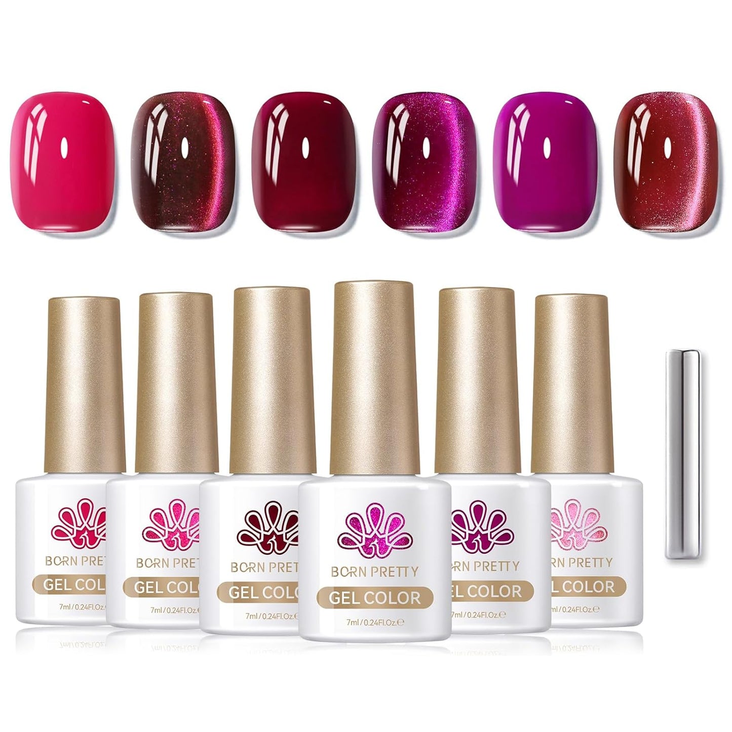 BORN PRETTY Gel Nail Polish Hot Pink Pitaya Red Color Gel Polish Ice Glass Cat Magnetic Eye Effect Holographic Glitter Shimmer Soak Off Nail Art Manicure DIY Salon and Home Sweetheart Series