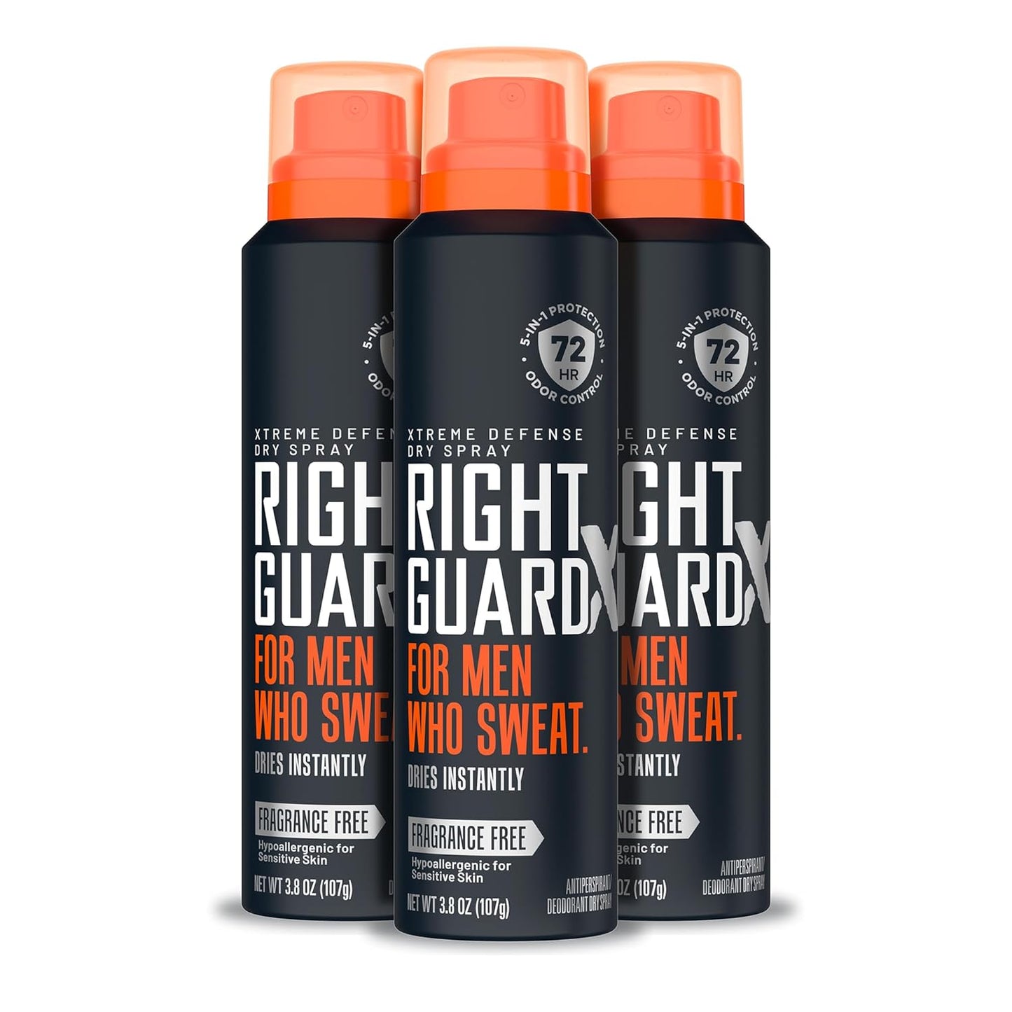 Right Guard Xtreme Defense Dry Spray Deodorant Antiperspirant, Fragrance Free - 5-in-1 Deodorant Men Can Trust, Blocks Sweat 2X Longer,72-Hour Odor Control, 3.8 oz (3 Pack)