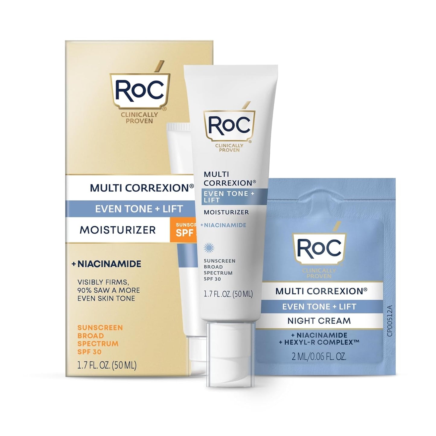 RoC Multi Correxion 5 in 1 Anti-Aging Daily Facial Moisturizer for Women and Men, Broad Spectrum SPF 30 & Shea Butter (1.7 oz) with Night Cream Packette (Packaging May Vary)