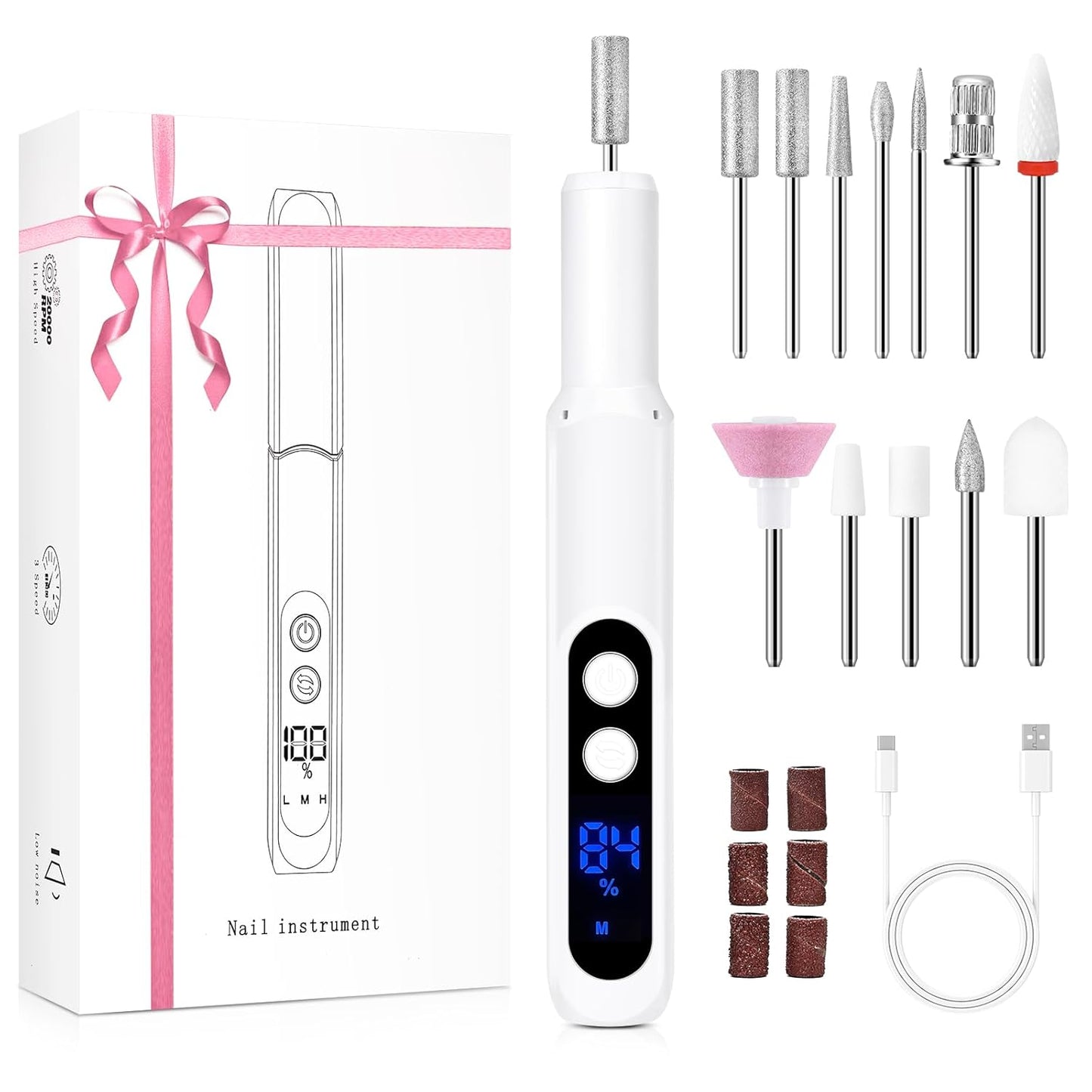 Professional Manicure Pedicure Kit, Electric Nail Drill with 360° LED light& LCD Display, Electric Nail File Pedicure Tools for feet, Hand Foot Care Nail Drill for Thick Nail Toenail Cuticle Women Men