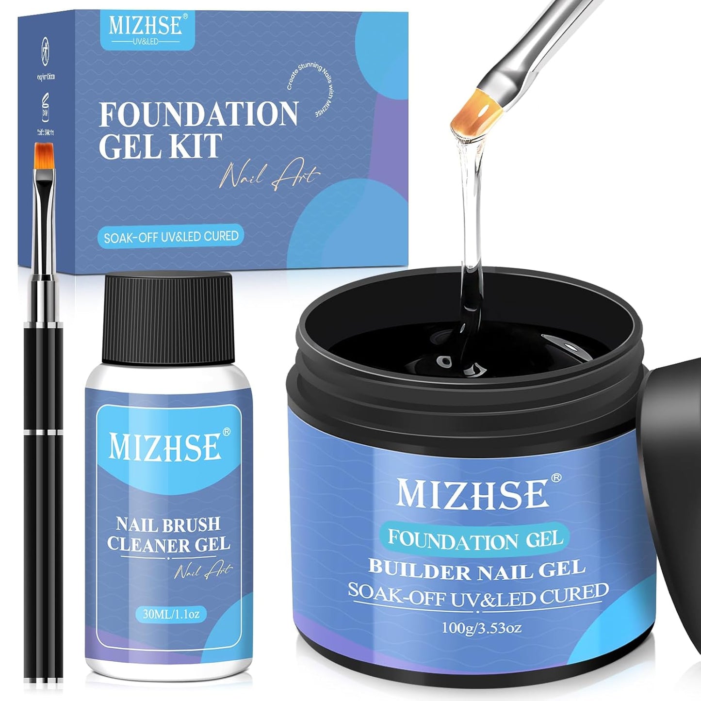 MIZHSE Base Coat, 100ml Foundation Gel for Nails Kit with Brush Cleaner Soak Off Home DIY Gift Kit for Women