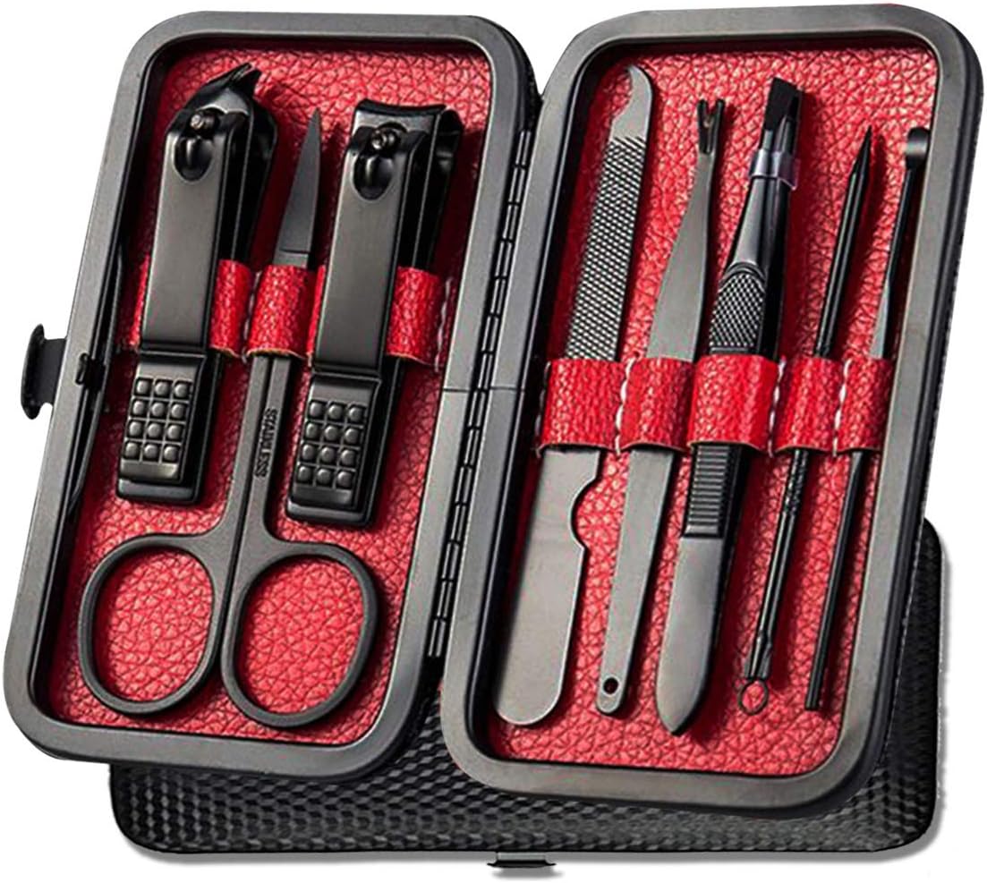 Manicure Pedicure Kit Nail Clippers Set 18 in 1 High Precision Stainless Steel Cutter File Sharp Scissors for Men & Women Fingernails & Toenails Vibrissac Scissors with Stylish Case (black&red_8in1)