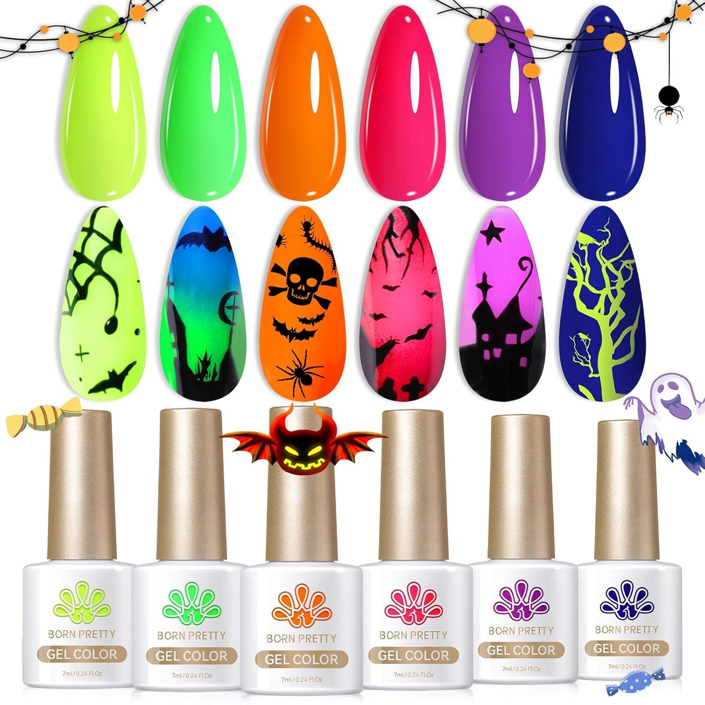 Born Pretty Neon Gel Nail Polish Set 6 Colors Halloween Luminous Glow in Dark Gel Polish Fluorescent Orange Hot Pink Blue Yellow Green Purple Gel Nail Polish Set 7ML