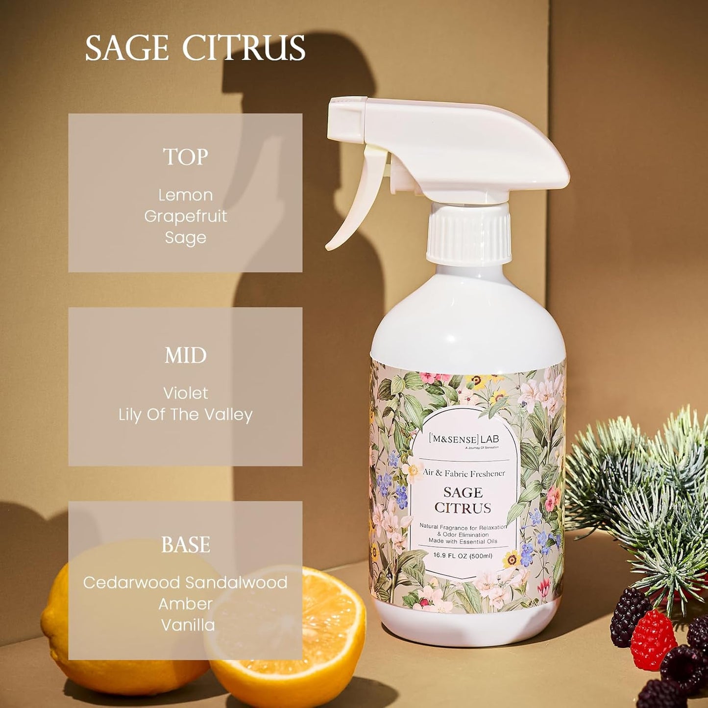 M&SENSE Air & Fabric & Pet Odor Eliminator Spray - 16.9oz Large Size Natural Safe Air Freshener Sage Citrus Scented Deodorizer for Home Eliminates Smoke & Musty Smells, Ideal for Balcony & Kitchen