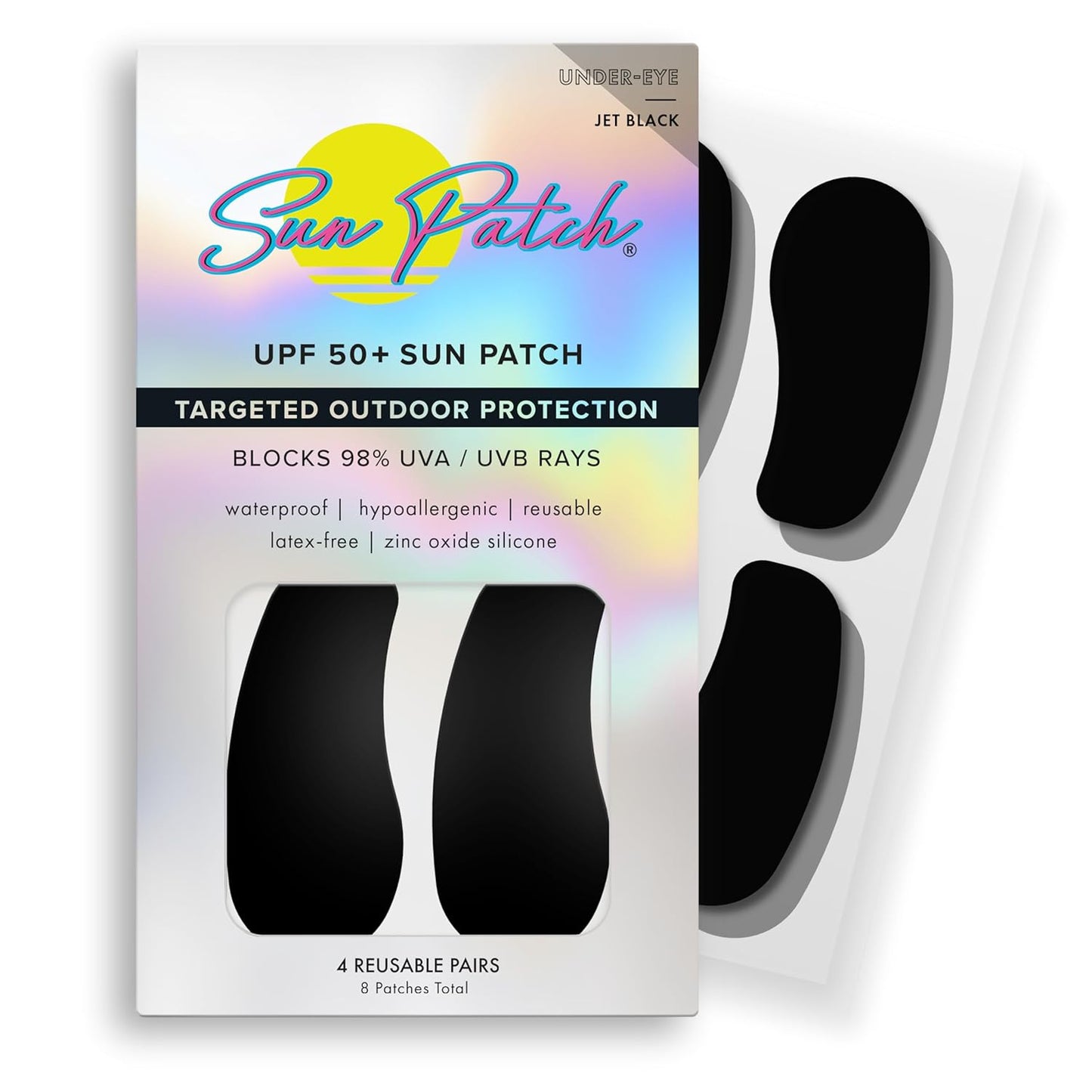 Sun Patch, Hypoallergenic Sun-Screen Under Eye Patches, 100% Silicone UPF-50 UV Protection, Reusable, 1 Pack/4 Pairs, Black