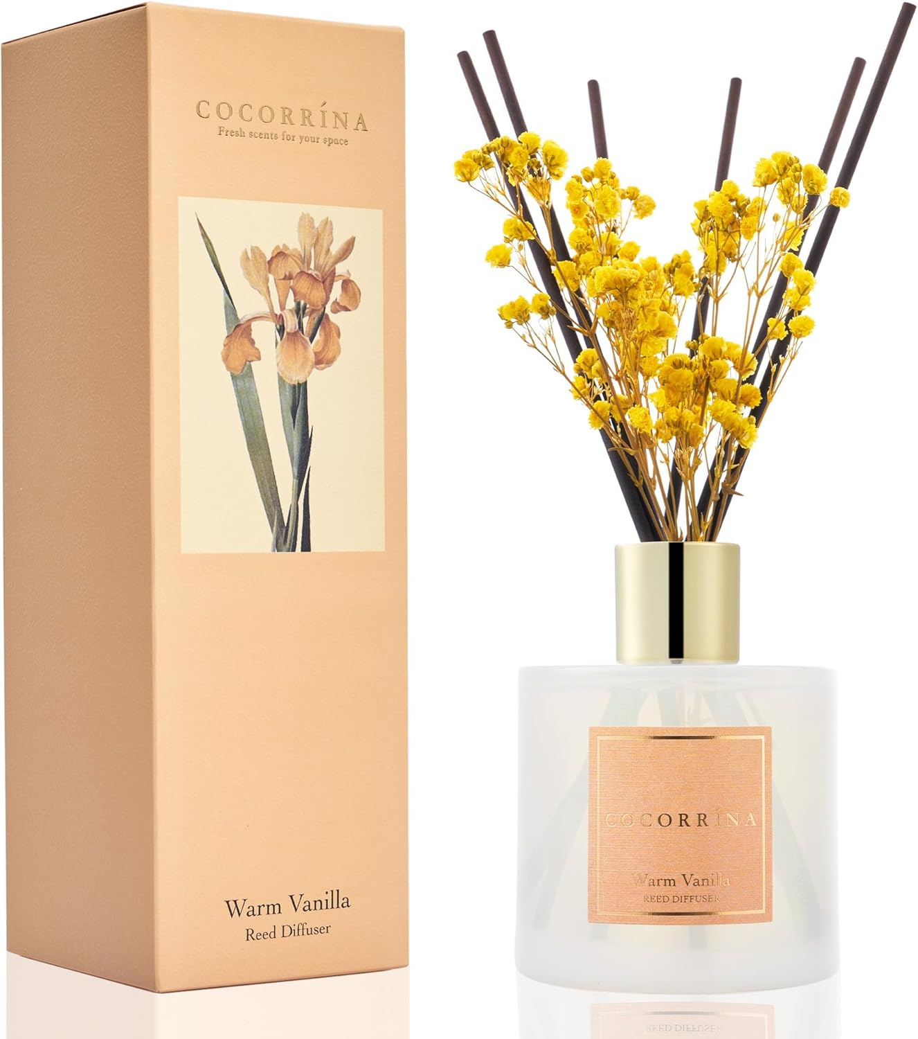 Cocorrína Reed Diffuser - Warm Vanilla Scented Diffuser with 8 Sticks Home Fragrance Reed Diffuser for Bathroom Shelf Decor