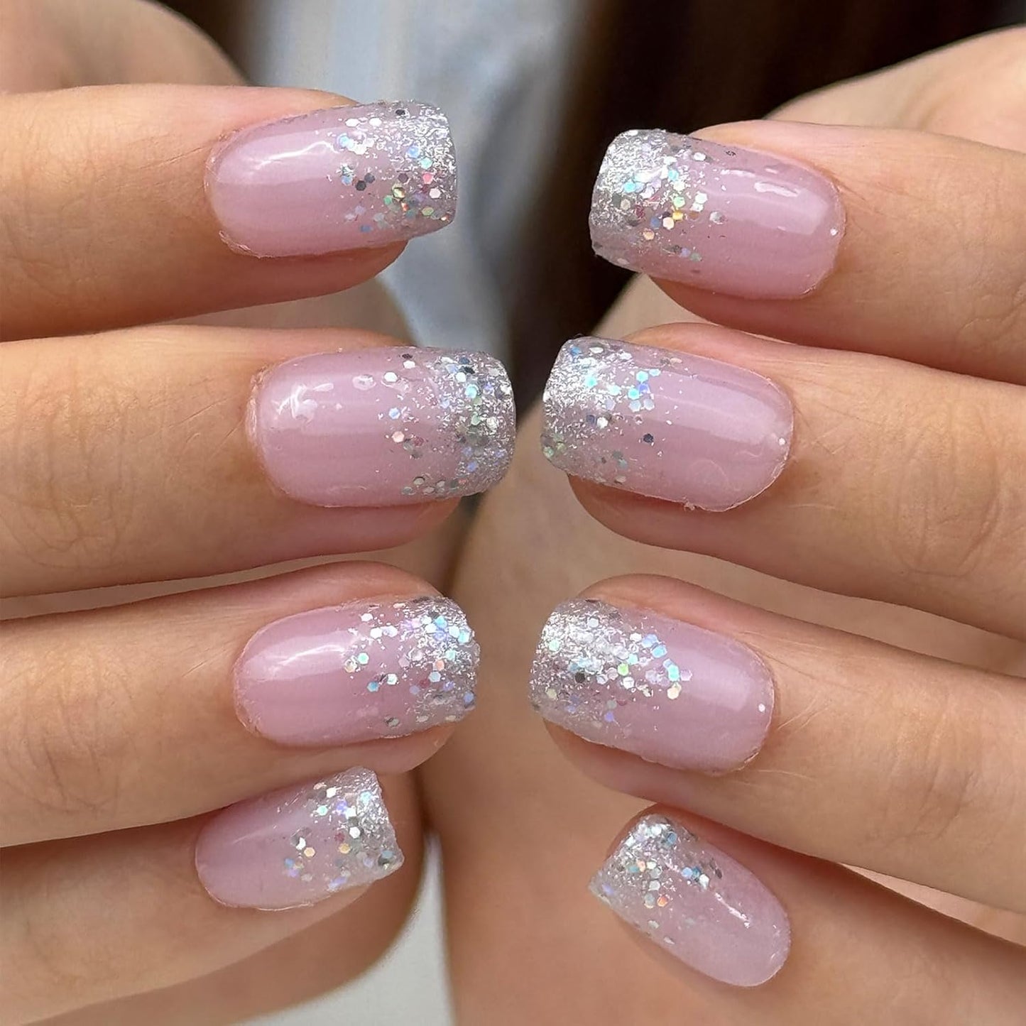 Curvlife Soft Gel Press on Nails, Short Square Shining French Nail Tips, 30pcs Full Cover Design Reusable Fake Nails Kit with Glue and Adhesive Tabs