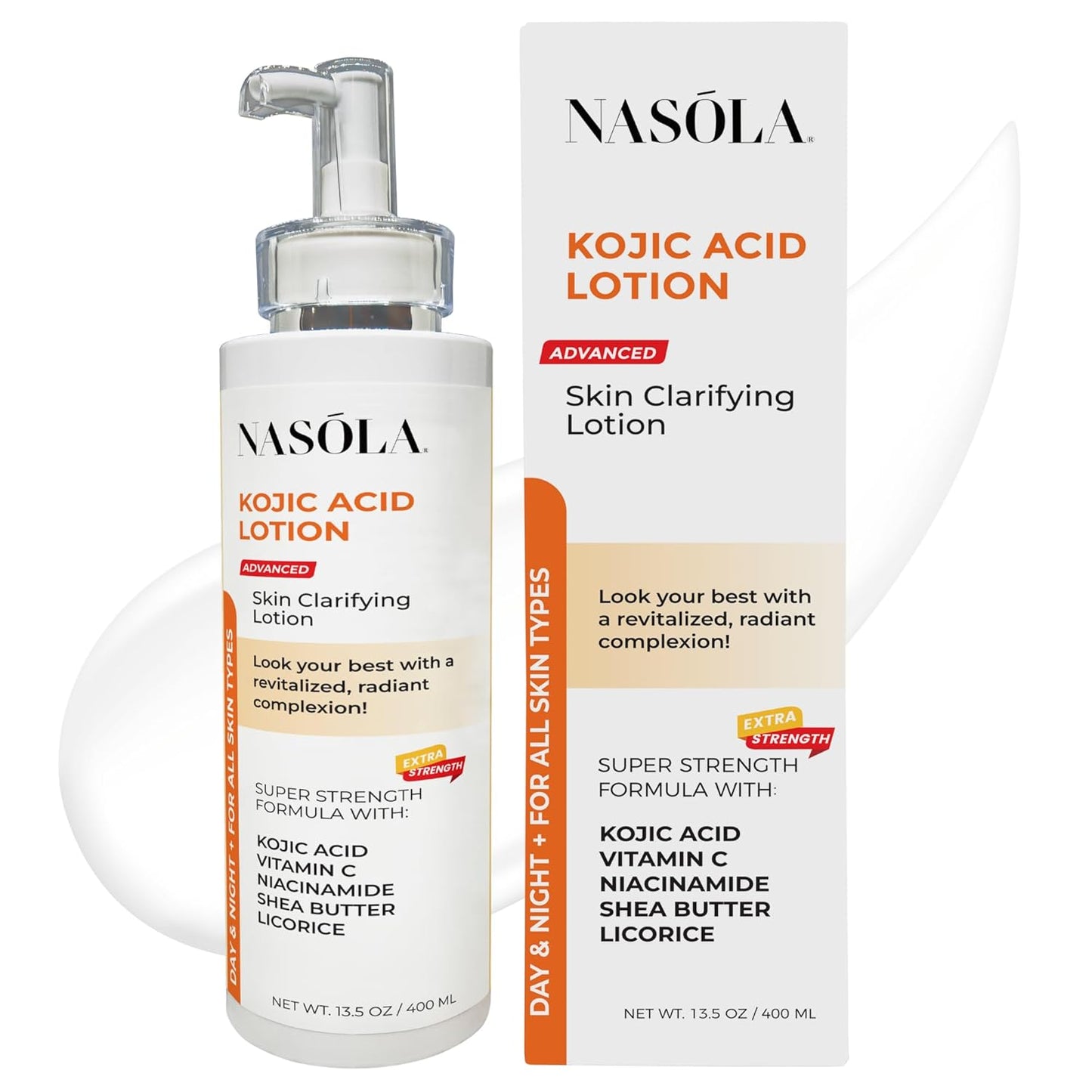 Nasola Kojic Acid Lotion Natural Skin Clarifying for Face & Body with Vitamin C, Niacinamide, Shea Butter, Licorice & Green Tea for Complexion Revitalization, Women & Men