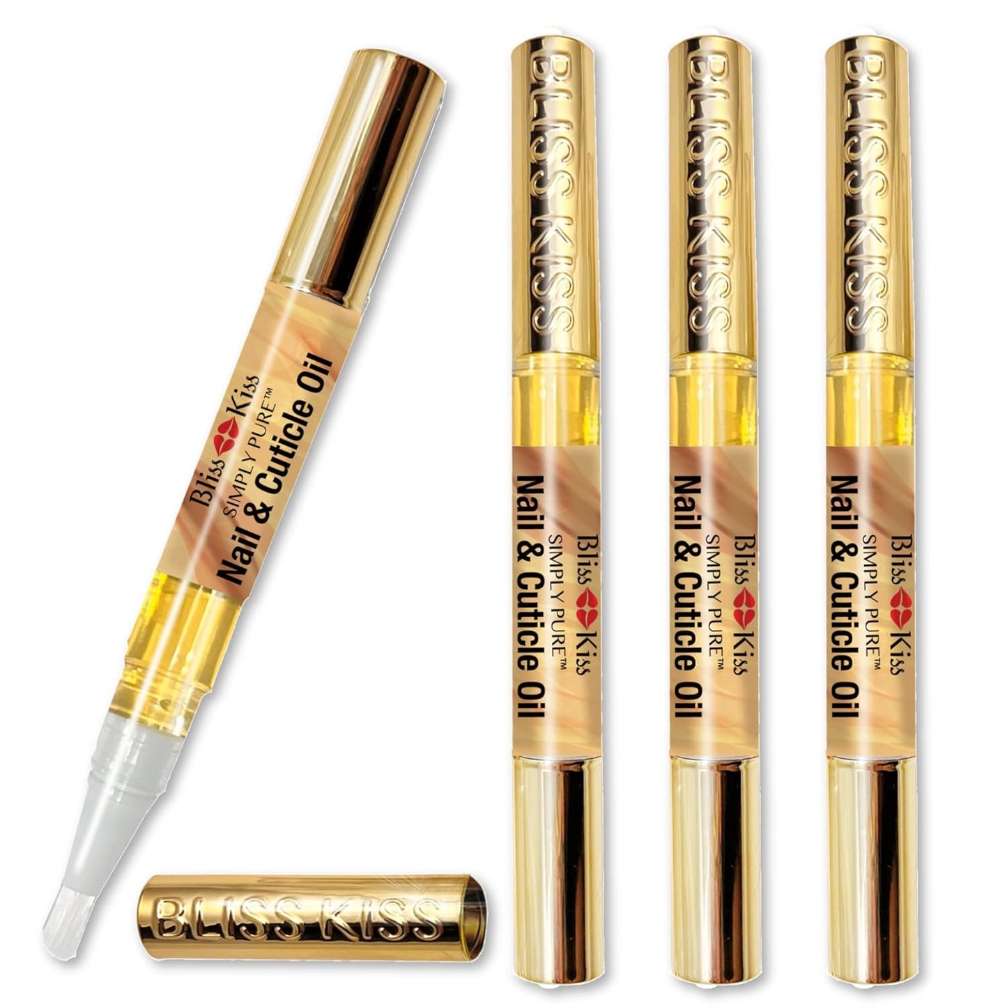 Bliss Kiss | 4 Vanilla Fragrance Nail Oil Cuticle Pens w/Vitamin E & Jojoba⏤Nail Strengthener Nail Growth Serum for Brittle Peeling Breaking Thin Nails