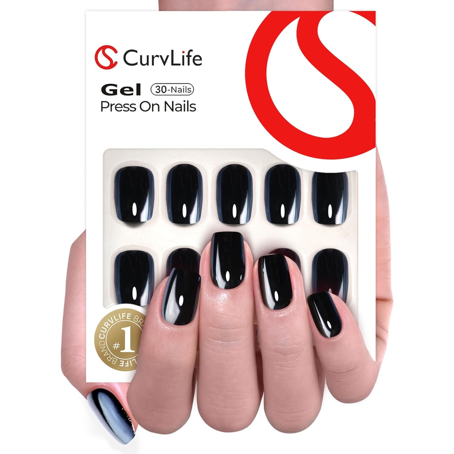 Curvlife Soft Gel Press On Nails Kit - 30pcs Full Cover False Medium Mirror Black High-Shine Chrome Nail Tips Designs, Fake Nail with Nail Glue - Easy Application Nail Accessories for Women