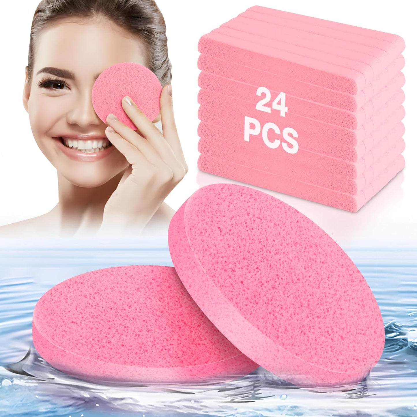 24 PCS Bulk Facial Sponge Esthetician Supplies, Facial Sponges Compressed for Esthetician Women, Makeup Remover Pads Round Face Wash Sponge for Cleansing, Exfoliating Disposable Face Sponges (Pink)
