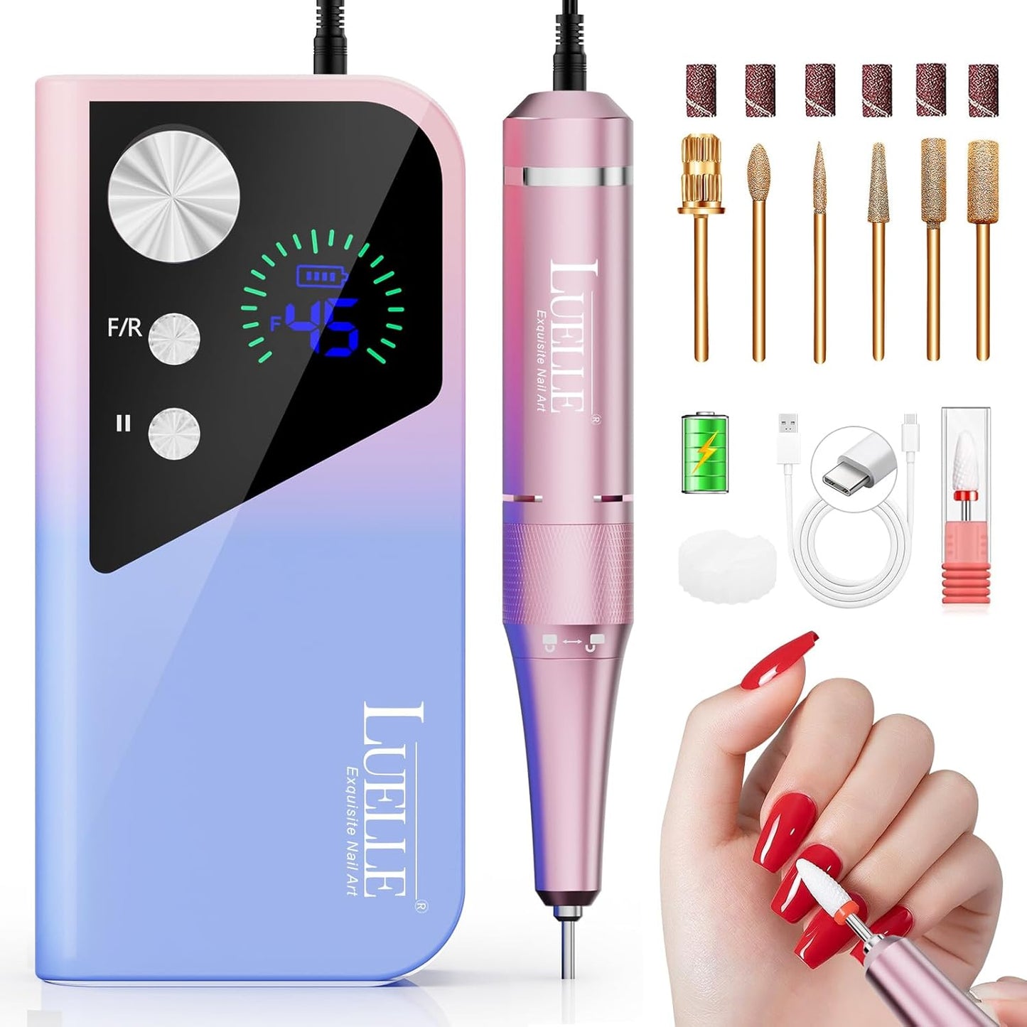 Electric Nail Drill File Professional 45000 RPM, LUELLE Electric Nail File Machine Kit for Acrylic Gel Nails Polishing Removing, Portable Rechargeable Cordless E File with Gold Bits Kit for Salon Home