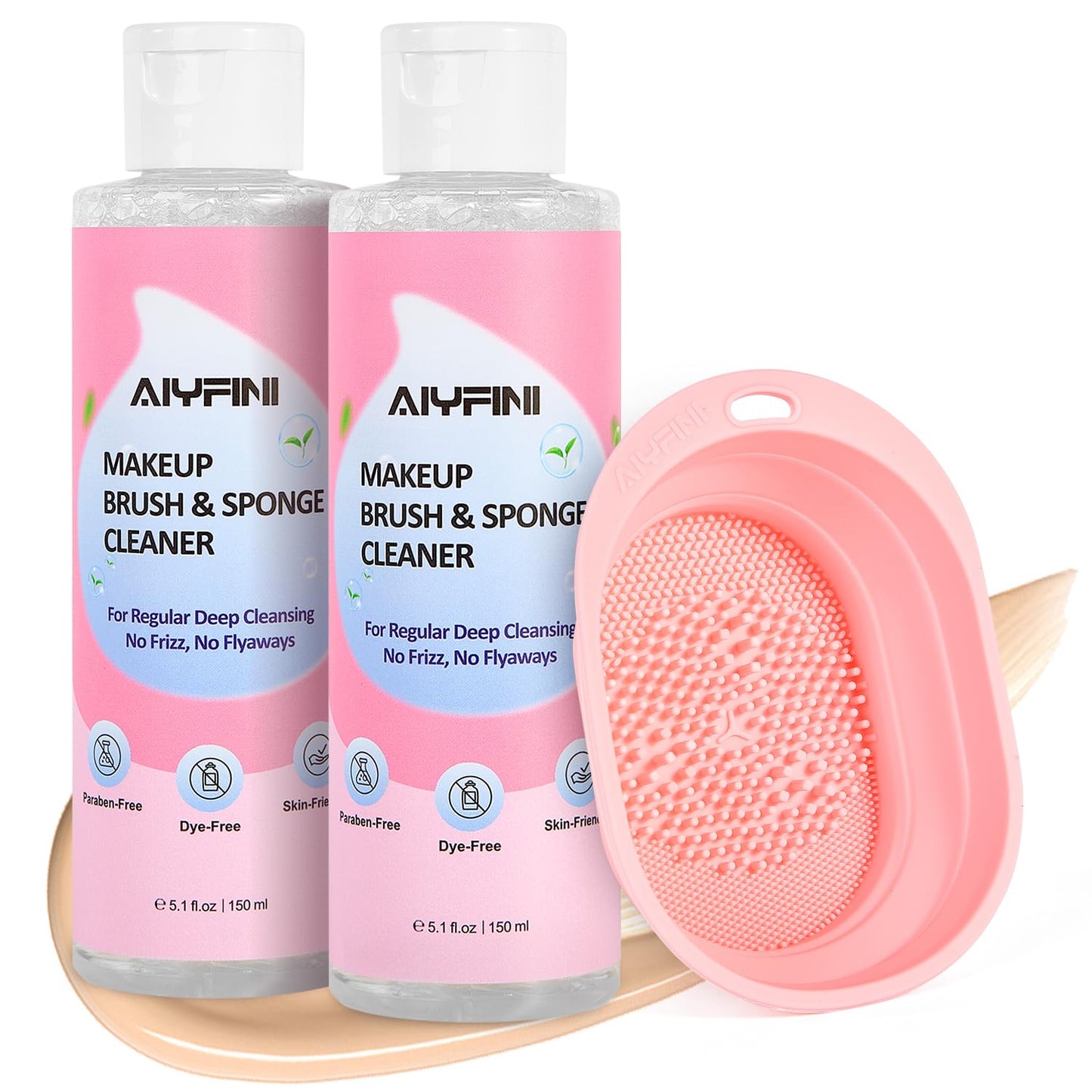 Alyfini Makeup Brush Cleaner Solution + Scrub Basin Combo, Removes Tough Stain on Make Up Brushes Set/Sponge/Puffs, Deep Clean Inner Bristles from Waterproof Foundation/Concealer, 10.2 Fl Oz/300 ml