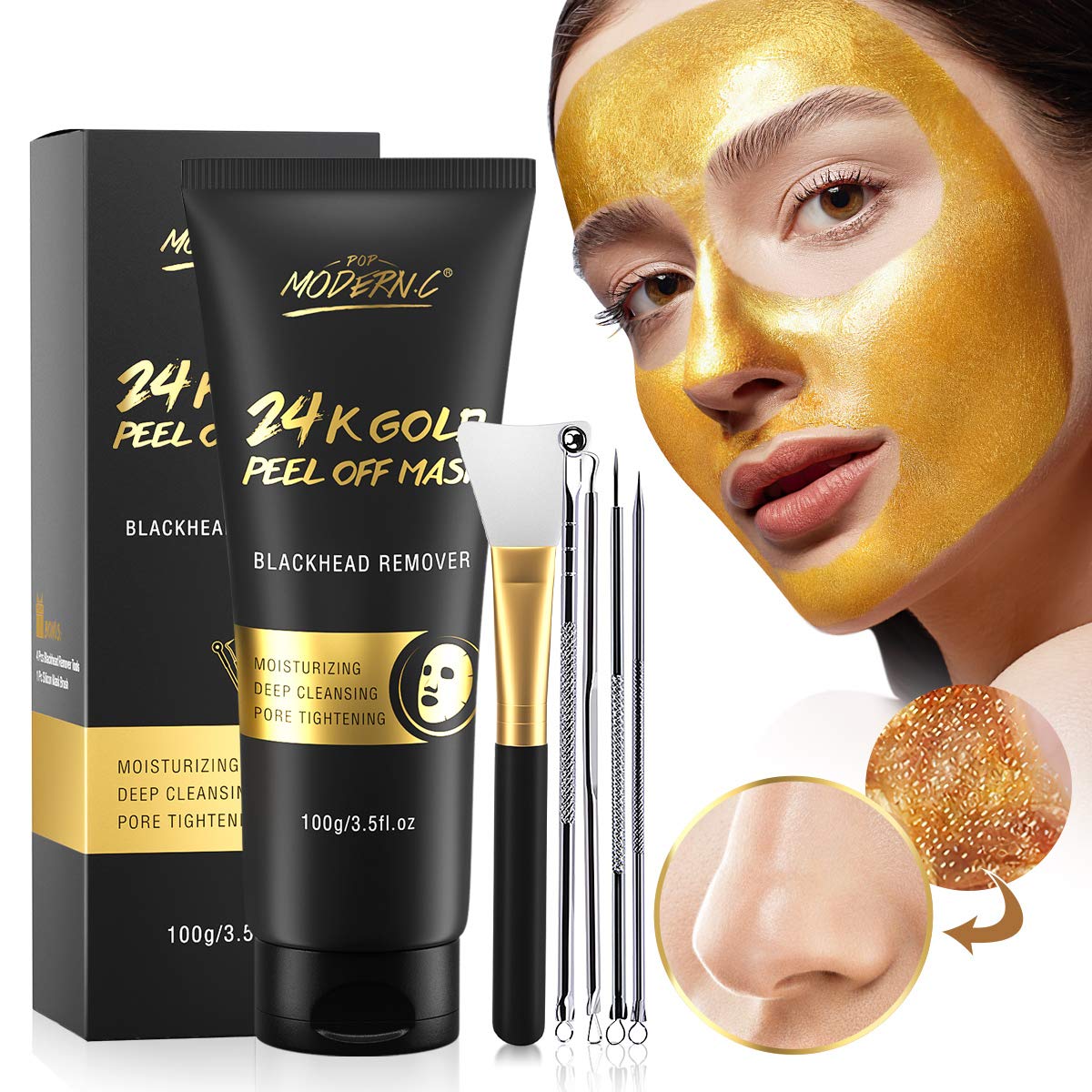 Blackhead Remover Mask, 24K Gold Peel Off Mask, Gold Facial Mask Anti-Aging, Deep Cleansing, Reduces Fine Lines& Wrinkles Great for All Skin, With Blackhead Remover Extractor Tools Kit & Mask Brush