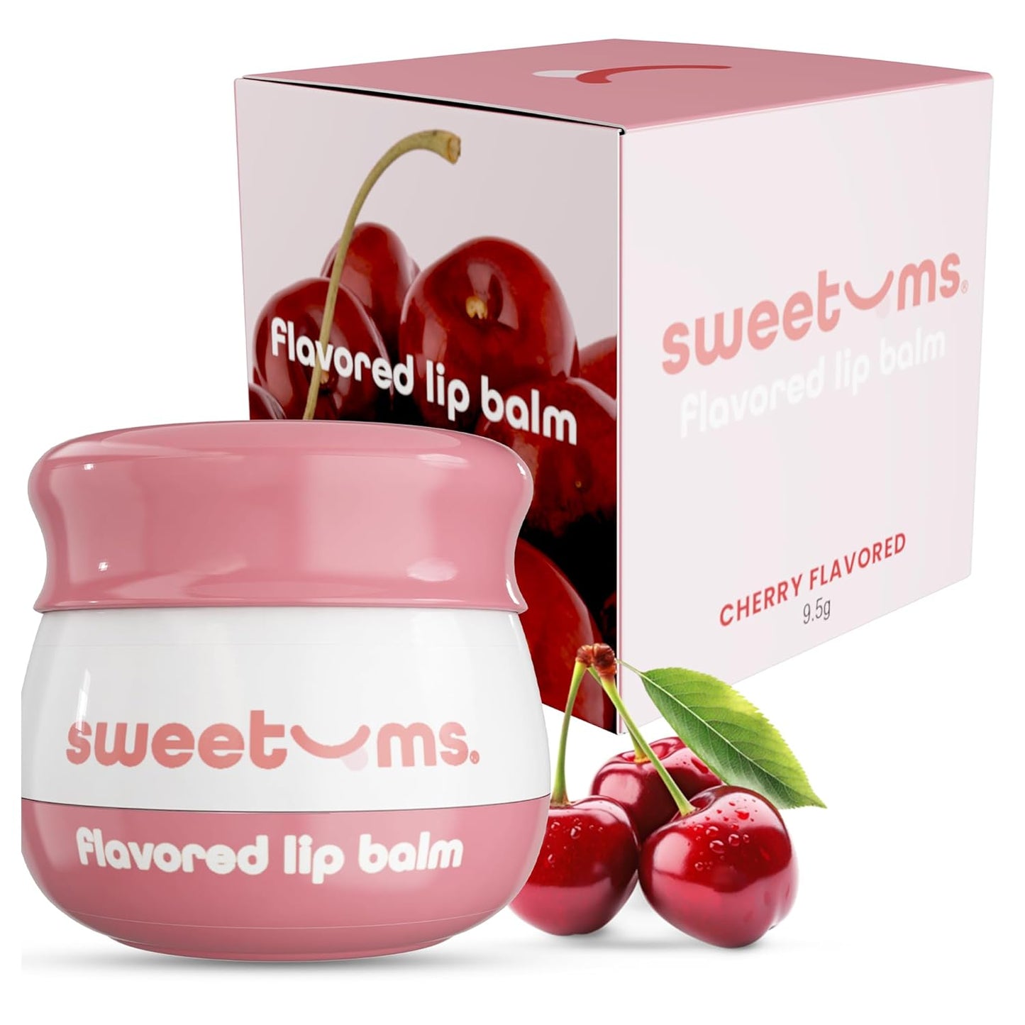 Sweetums Cherry Lip Balm with Vitamin E Oil – Glowy Balm for Dry, Chapped Lips – Vegan Lip Care with Built-In Mirror and Applicator – Hydrating Lip Treatment with Glossy Finish – 0.15 oz