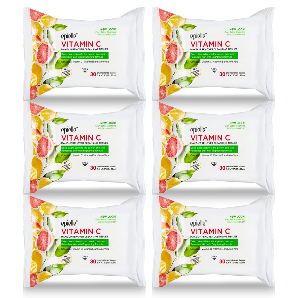 Epielle New Makeup Remover Cleansing Wipes Tissue - Cucumber 30 Count 6 Pack | Gentle for all Skin Types | Daily Facial Cleansing Towelettes | Removes Dirt, Oil, Makeup (Vitamin C)