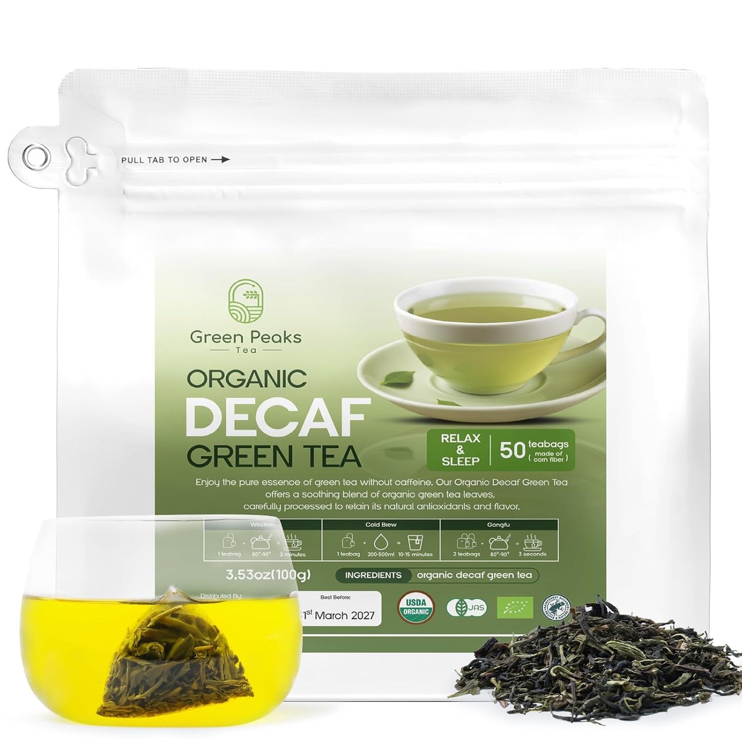 Green Peaks Tea Organic Decaf Green Tea Bags, 50 Count - Premium Caffeine-Free Green Tea for Relaxation & Calm, Decaf Hot Tea or Decaf Iced Tea