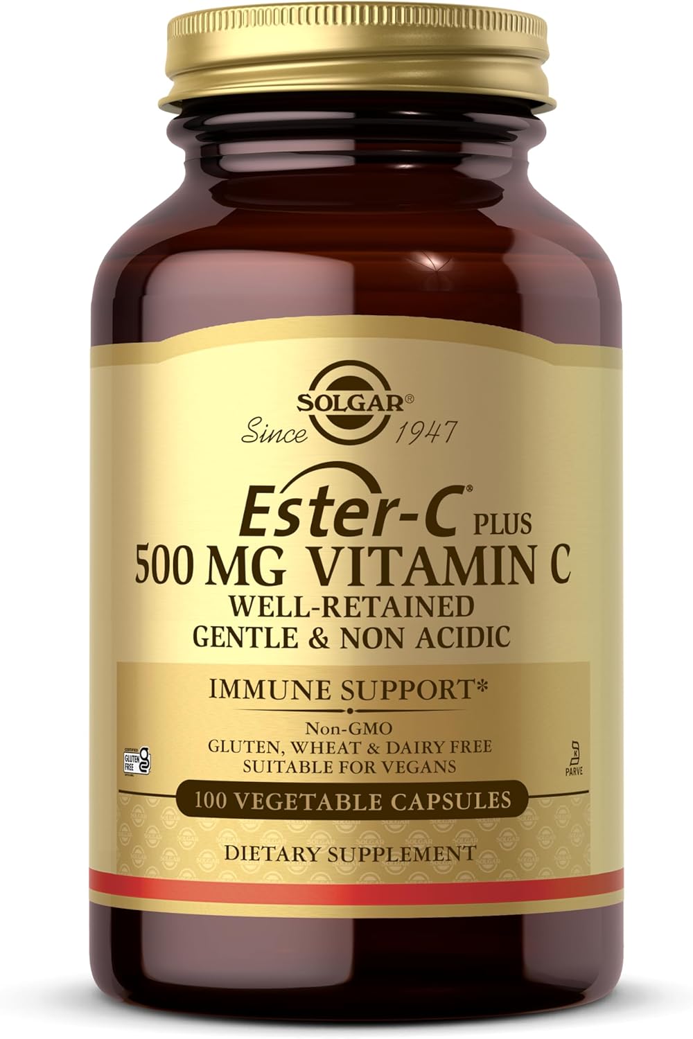 Solgar Ester-C Plus 500 mg Vitamin C (Ascorbate Complex), 100 Vegetable Capsules - Gentle & Non Acidic - Antioxidant & Immune Support - Non GMO, Vegan, Gluten Free, Kosher - 100 Servings