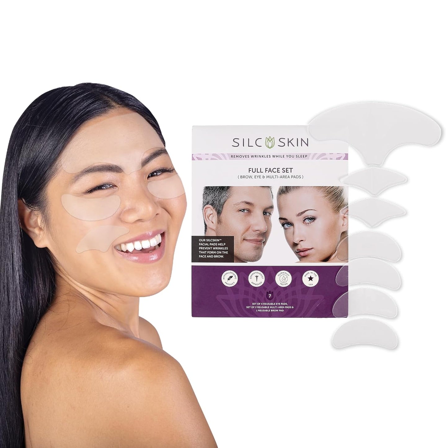 SilcSkin Facial Pad - Full Face Set Reusable Pads, Self-Adhesive Silicone Face Patches, Wrinkle Patches for Face and Eyes - 7 Reusable Face Pads