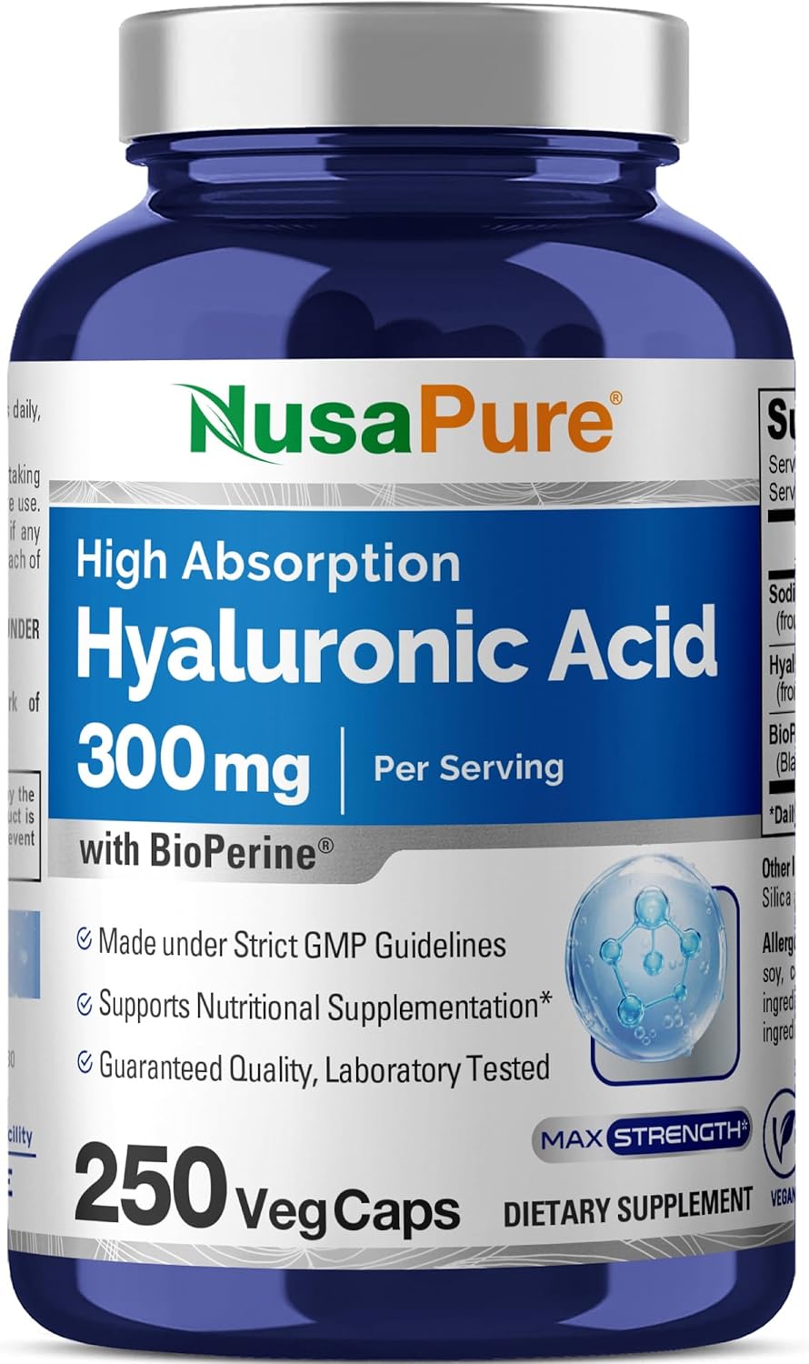 NusaPure Hyaluronic Acid 300mg 250 Veggie Capsules (Non-GMO, Vegan)