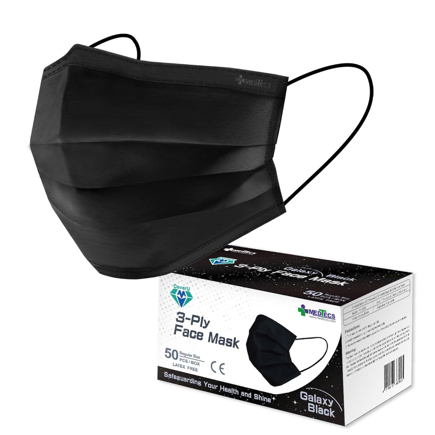 Medtecs Face Mask Disposable - Galaxy Black - Comfortable 3 Layer Breathable Mask, The Better Protection and Health Choice - CoverU Adult Mask - 50 PCS/Box - Black (Galaxy)