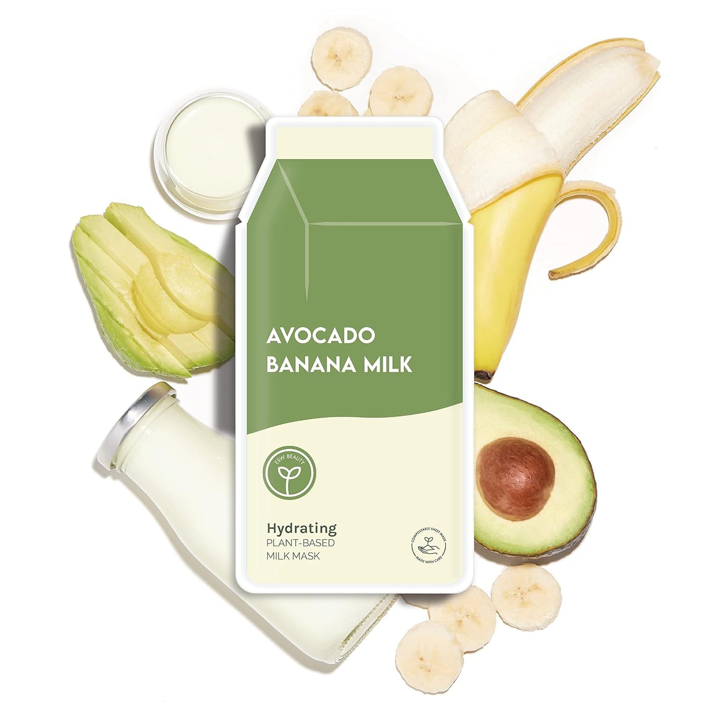 ESW Beauty Avocado Banana Milk - Hydrating Plant-Based Milk Face Mask (6-Pack) - Moisturizing with Avocado & Banana for Dry, Sensitive & Combination Skin - Deep Hydration & Suppleness