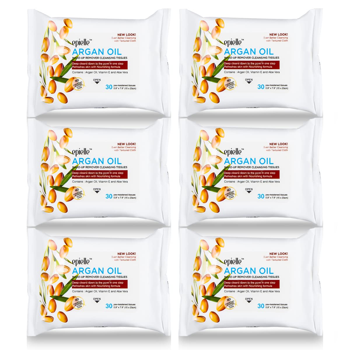 Epielle Argan Oil Makeup Remover Wipes, Gentle Daily Facial Cleanser Towelettes, Remove Dirt, Oil & Waterproof Mascara, Hypoallergenic & Alcohol-Free, 30 Count (Pack of 6)