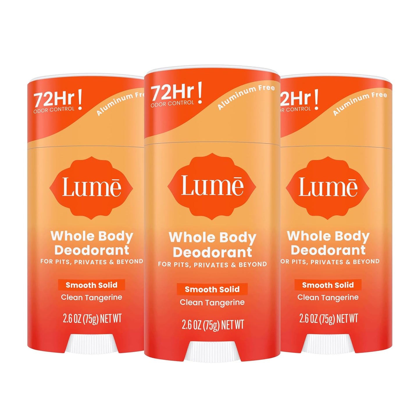 Lume Whole Body Deodorant - Smooth Solid Stick - 72 Hour Odor Control - Aluminum Free, Baking Soda Free and Skin Loving - 2.6 Ounce (Pack of 3) (Clean Tangerine)