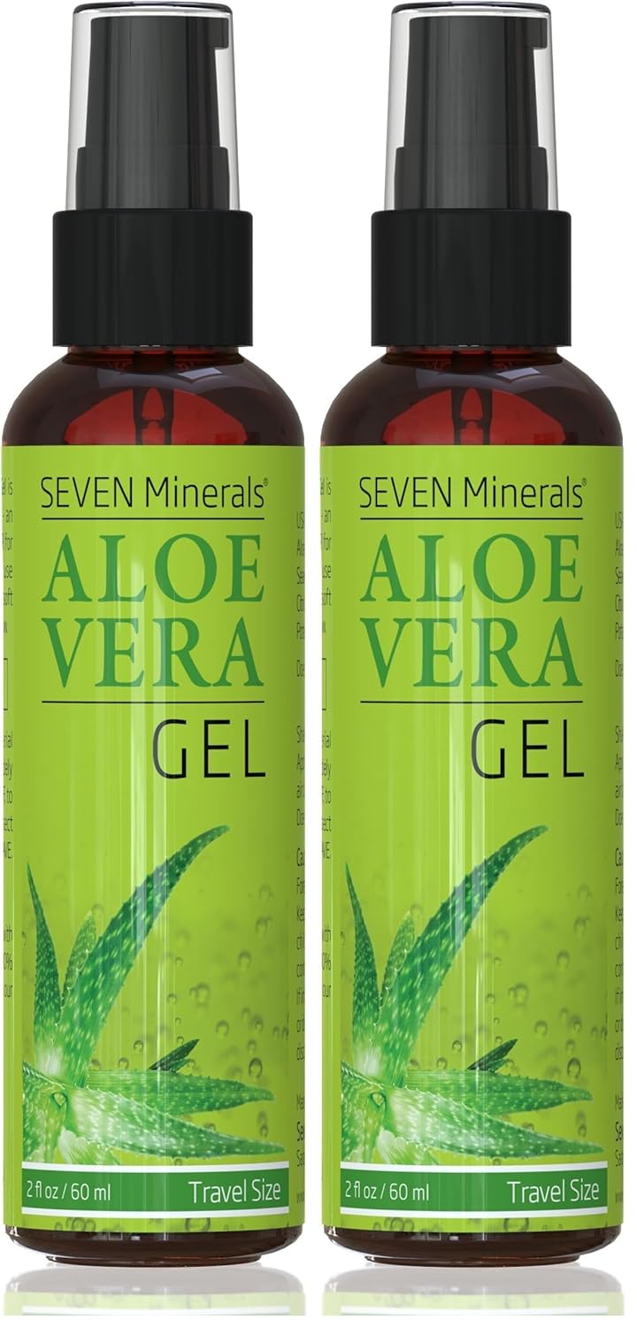 Seven Minerals, Travel Size Organic Aloe Vera Gel from freshly cut 100% Pure Aloe - 2 Fl Oz - HighestQuality, Texas grown, Vegan, Unscented - For Face, Skin, Hair, Sunburn relief (2 Fl Oz) (Pack of 2)