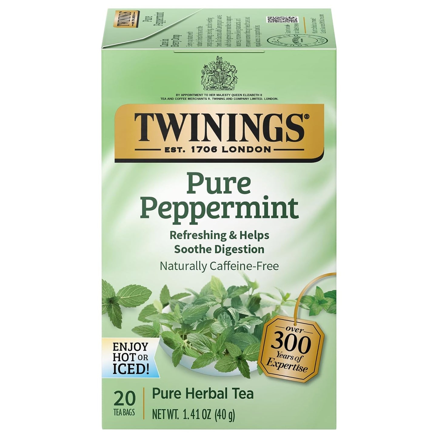 Twinings Pure Peppermint Herbal Tea Individually Wrapped Bags, 20 Count (Pack of 1), Fresh Minty Flavour, Naturally Caffeine-Free, Enjoy Hot or Iced, 20 Teabags