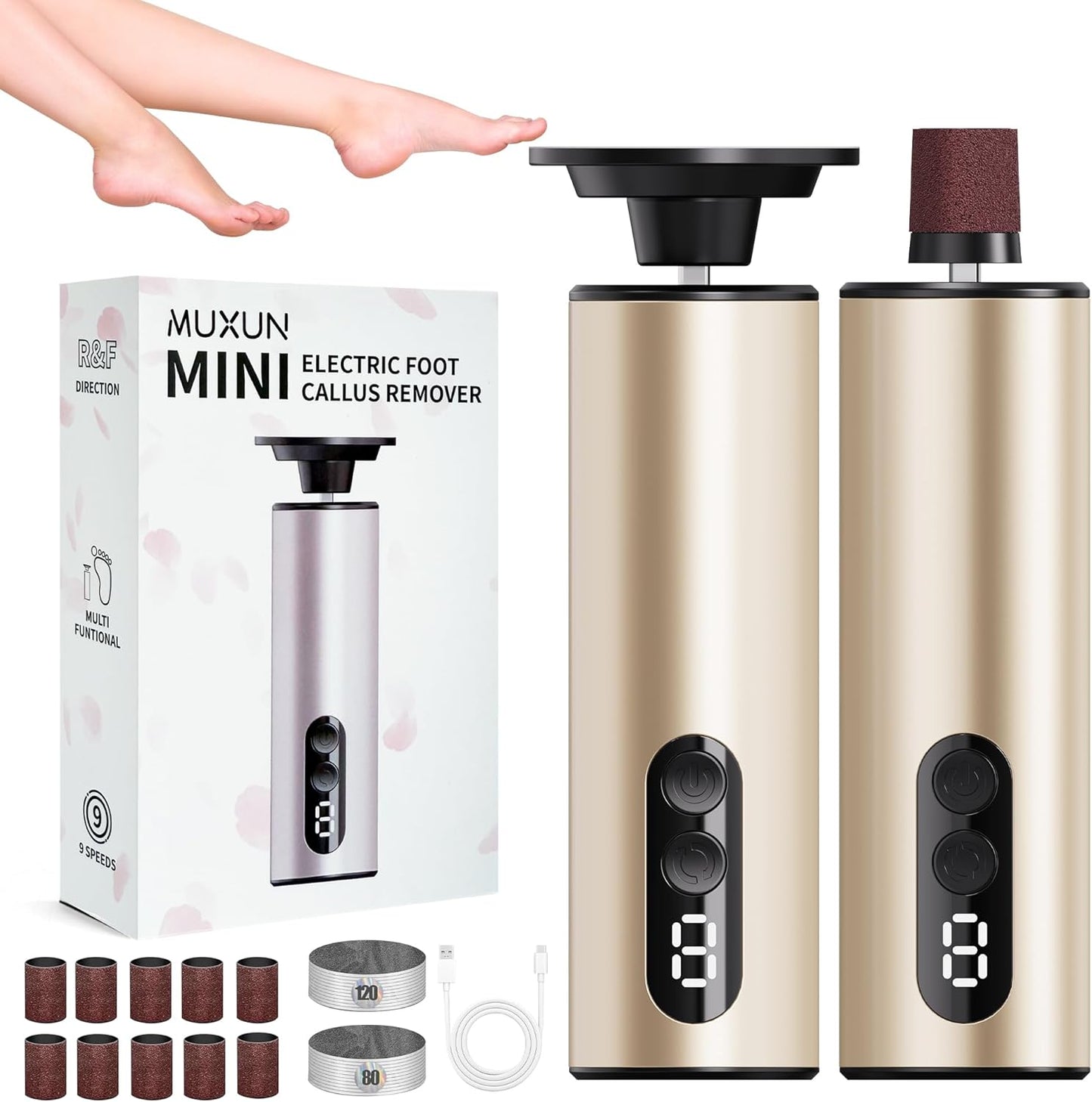 Electric Foot Callus Remover,2 in1 Rechargeable Callus Remover for Feet,9-Speed Cordless Electric Foot File Nail Grinder,Foot Scrubber Pedicure Tools for Dead Skin Dry Cracked Feet (Gold MINI)