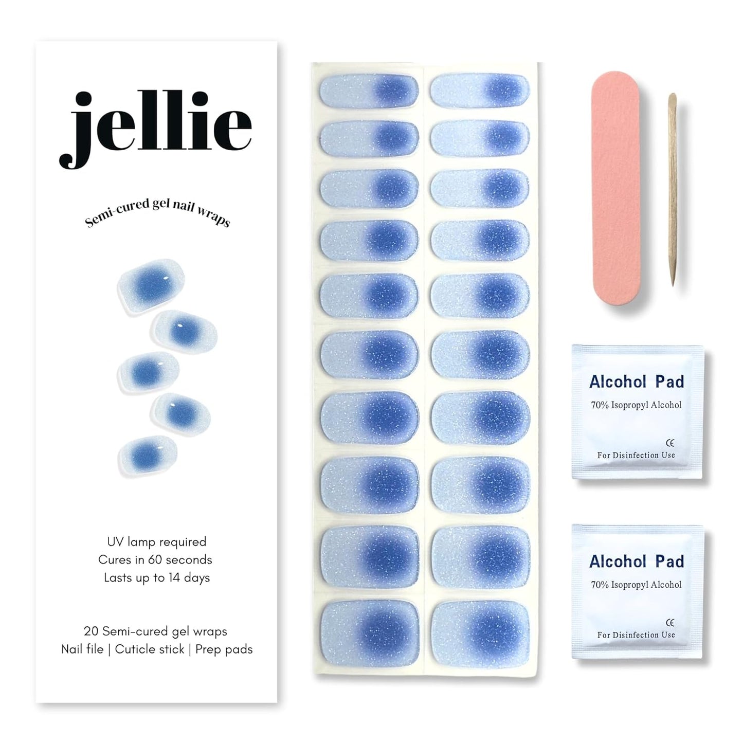 Semi-Cured Gel Nail Strips – 20 Extra-Long Nail Wraps in 10 Sizes – Real Gel Polish Stickers for DIY Manicure at Home – UV/LED Lamp Required – Long-Lasting, Easy to Apply, No Nail Damage