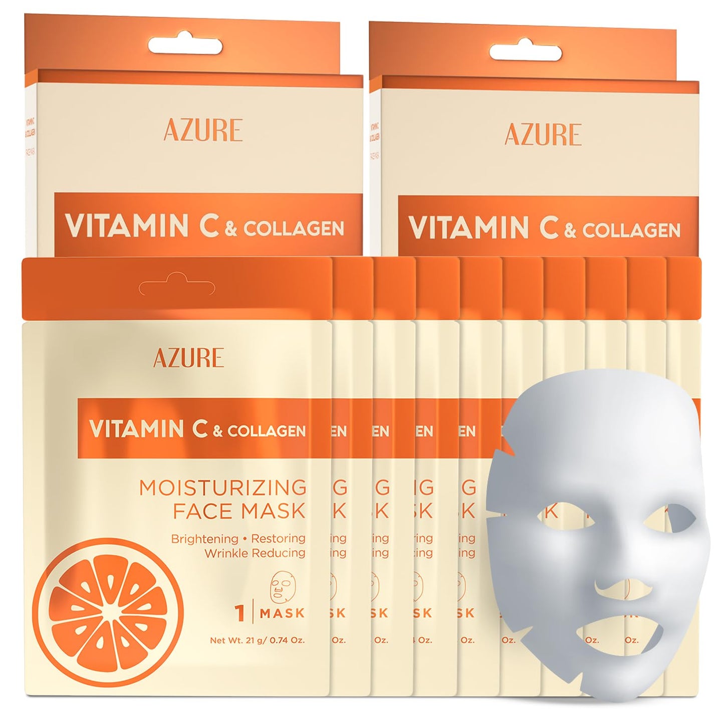 AZURE Vitamin C & Collagen Moisturizing Facial Sheet Mask- Anti Aging, Deeply Moisturizing & Firming - Improves Elasticity - Skin Care Made in Korea - 10 Pack