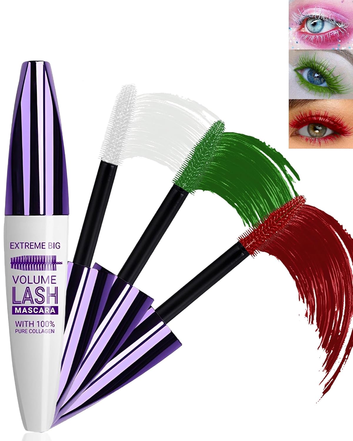 5D Colored Mascara for Eyelashes-3 Colors White Red Green Longlasting Waterproof Mascara Volume and Length,Curling Fiber rimel de pestañas, Thanksgiving Makeup Gift Kit for Women Girl Cosplay Party