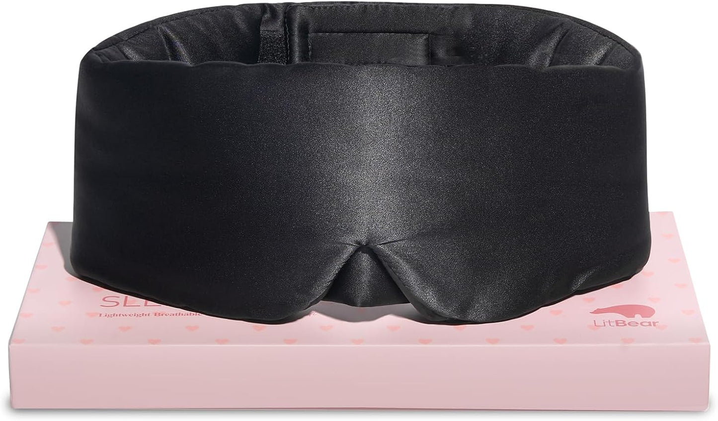 LitBear Silk Sleep Mask for Side Sleeper, Eye Mask Sleeping for Women Men 100% 22 Momme Pure Mulberry Silk, Face-Hugging Padded Eye Cover for Sleeping with Adjustable Band (Black)
