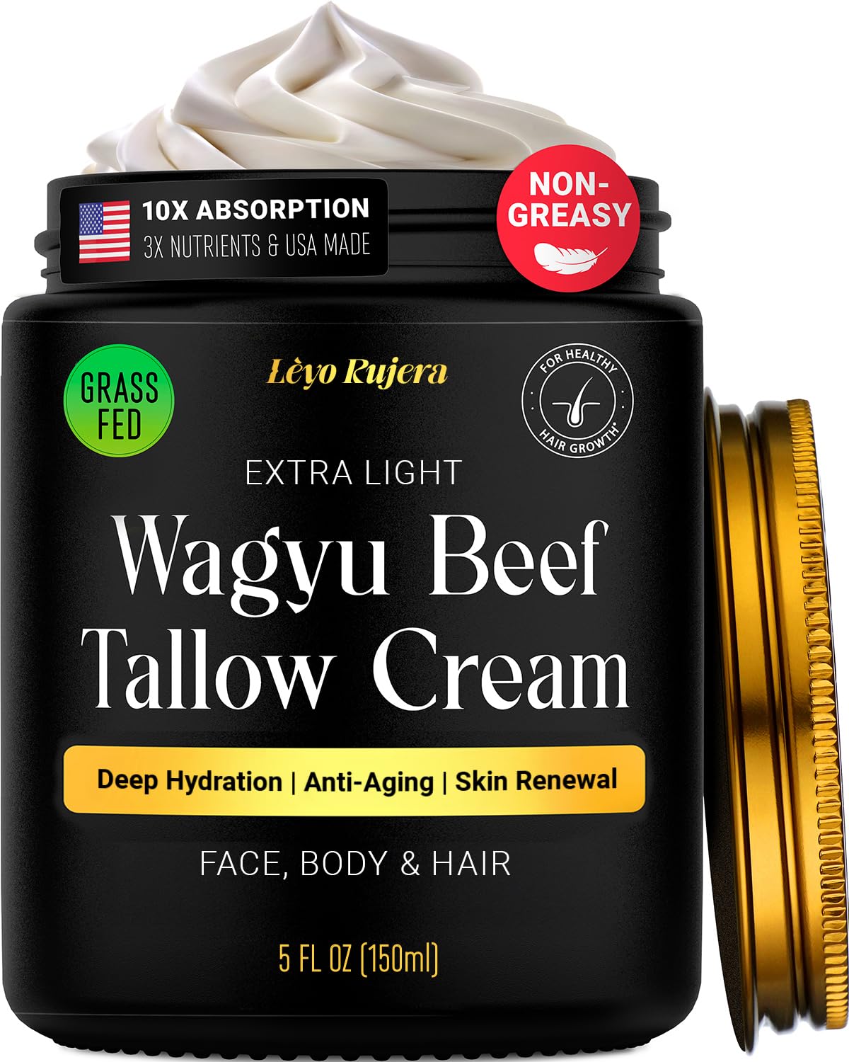 Non-Greasy Beef Tallow for Face Moisturizer Cream 5OZ Shea Butter, Vitamin E, Whipped Grass Fed Beef Tallow for Skin, Body, Hair, Lotion for Women & Men, Anti-Aging Face Moisturizer