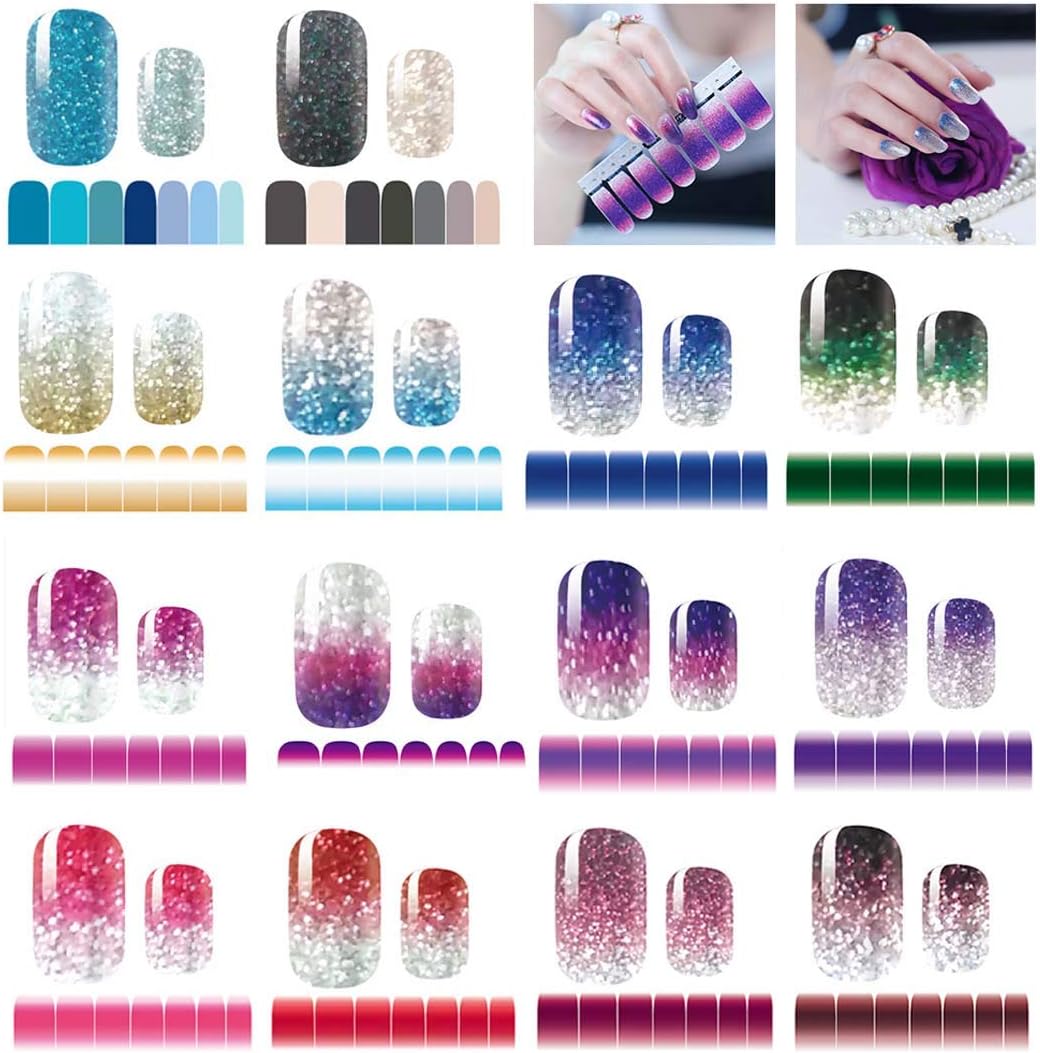 14 Sheets Nail Stickers Glitter Gradient Color Shine Full Wraps Polish Stickers Decal Strips Self-Ashesive Nail Art Sets for Women Girls