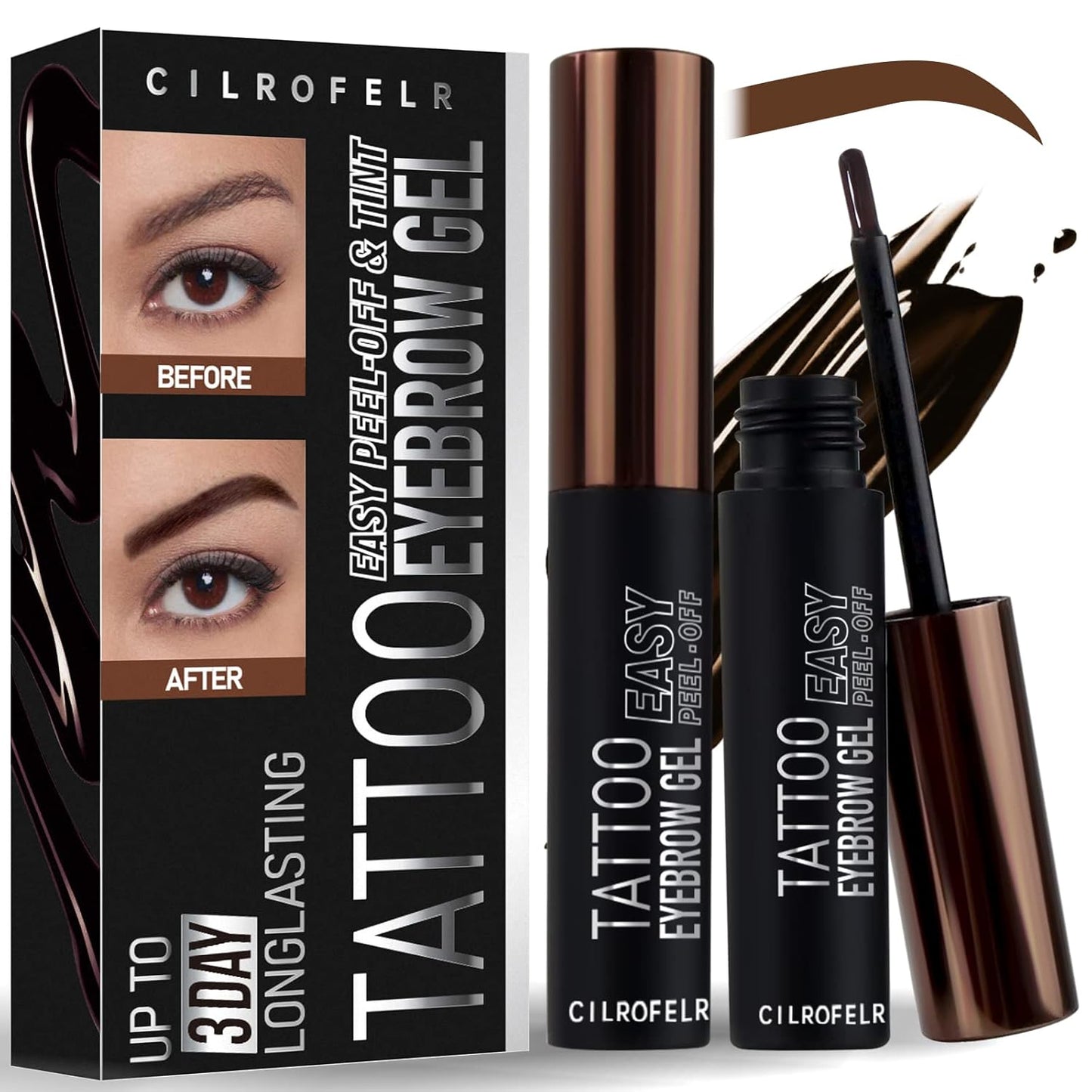 Cilrofelr Tattoo Peel Off Eyebrow Gel, Easy Tattoo Brow Peel Off Gel, Last Up to 3 Days, Waterproof, Transfer-proof, For Fuller & Defined Looking Brows, Brown (2 Pack)