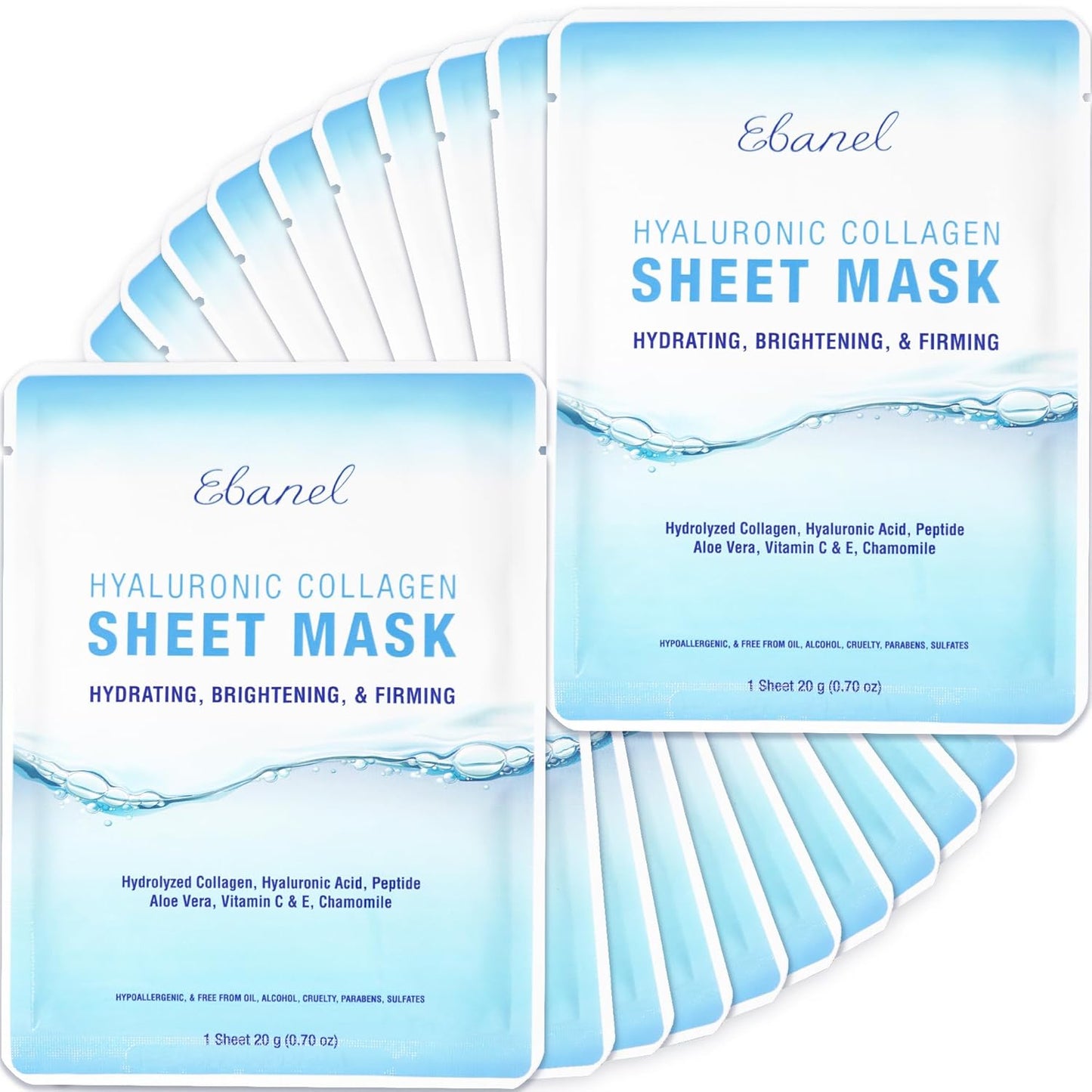 Ebanel 20 Pack Collagen Face Mask with Hyaluronic Acid, Vitamin C, Peptide, Aloe, Instant Brightening Hydrating Face Masks Skincare Korean Sheet Mask, Skin Firming, Lifting Anti Aging Facial Masks