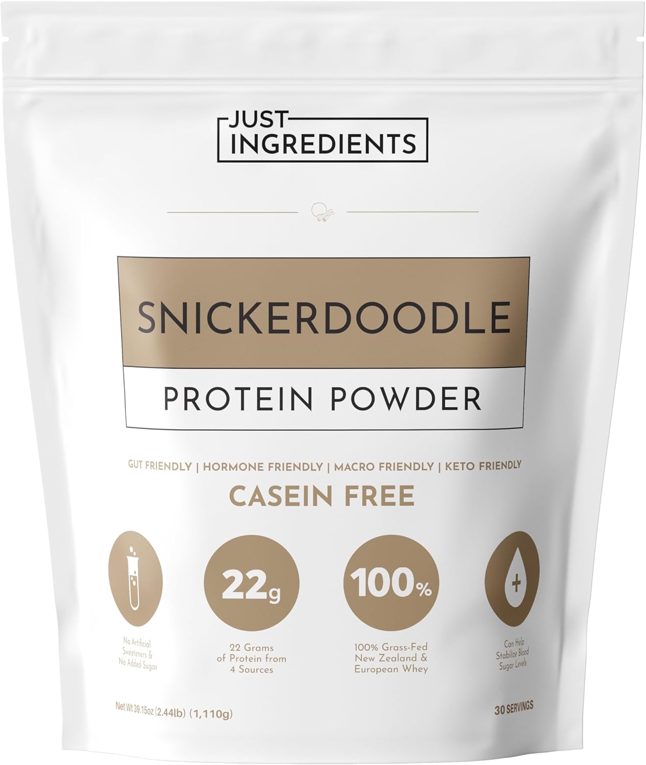 JUST INGREDIENTS Snickerdoodle Protein Powder - Grass-Fed Whey, Plant Proteins, Cinnamon Vanilla - 30 Servings