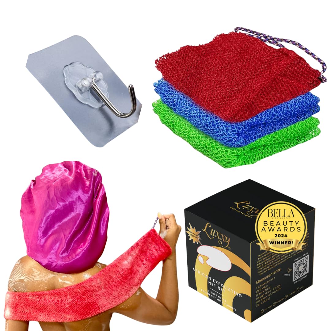 Luxxy® | 3 Pack Set 2 Soft African Exfoliating Nets & 1 Rough African Net Sponge with Handles For The Back, Neck or Feet, Black Women Owned, Achieve Smooth Soft Silky Skin, For Daily Use & Great Gifts