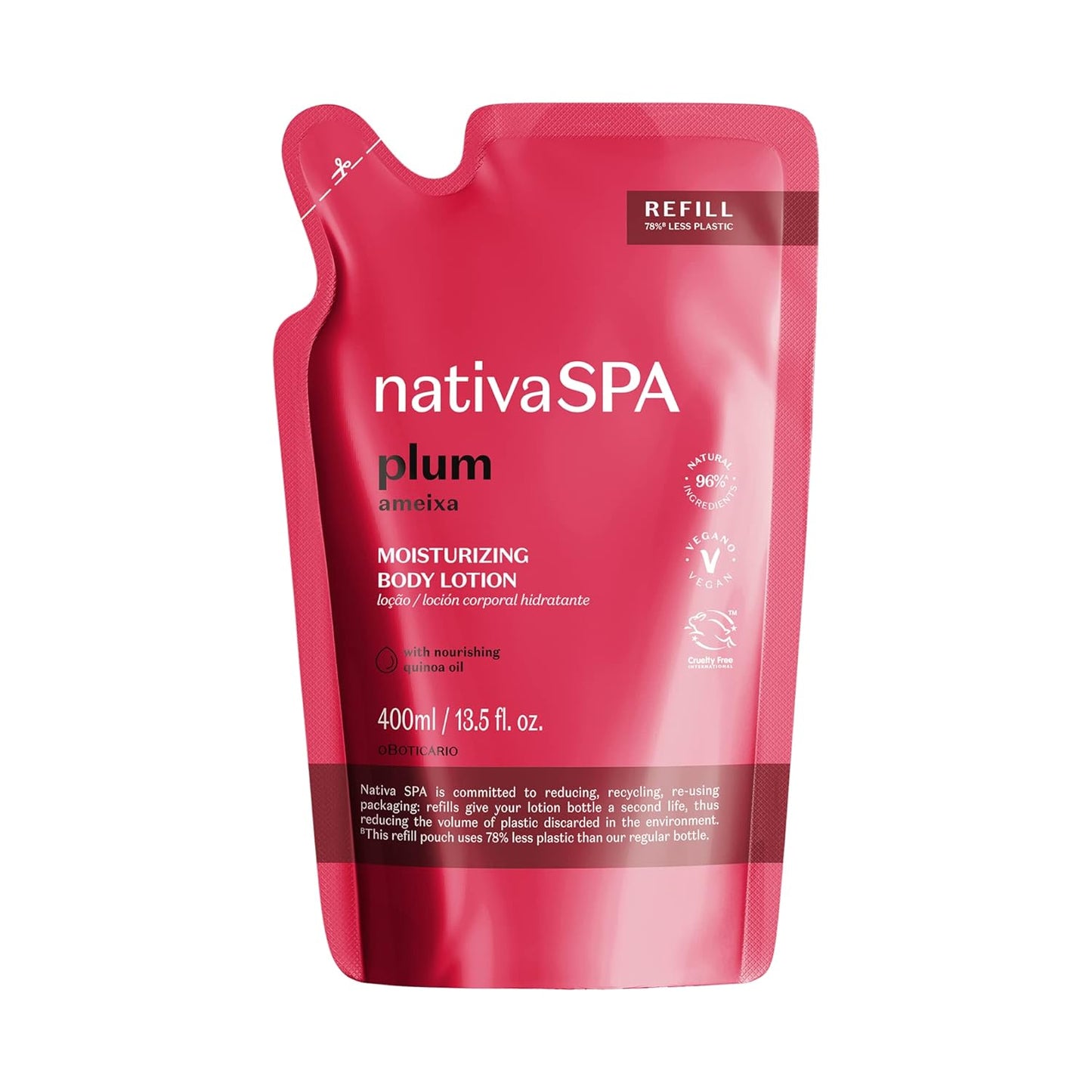 Nativa SPA by O Boticário, Plum Moisturizing Body Lotion Refill Pack, Fragranced Moisturizer Enriched with Purified Quinoa Drops to Boost Hydration, 13.5 Ounce