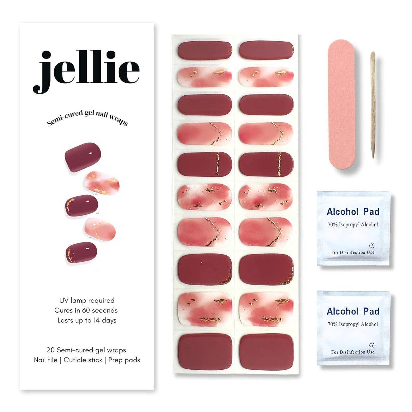 Semi-Cured Gel Nail Strips – 20 Extra-Long Nail Wraps in 10 Sizes – Real Gel Polish Stickers for DIY Manicure at Home – UV/LED Lamp Required – Long-Lasting, Easy to Apply, No Nail Damage