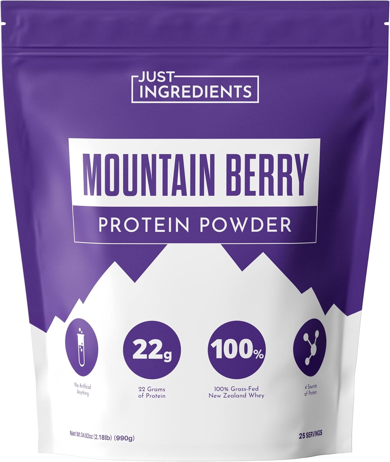 JUST INGREDIENTS Mountain Berry Protein Powder – 30-Serving Blend with 100% Grass-Fed Whey & Organic Plant Proteins – Mixed Berry Flavor with Real Fruit – Supports Muscle Recovery, Energy*